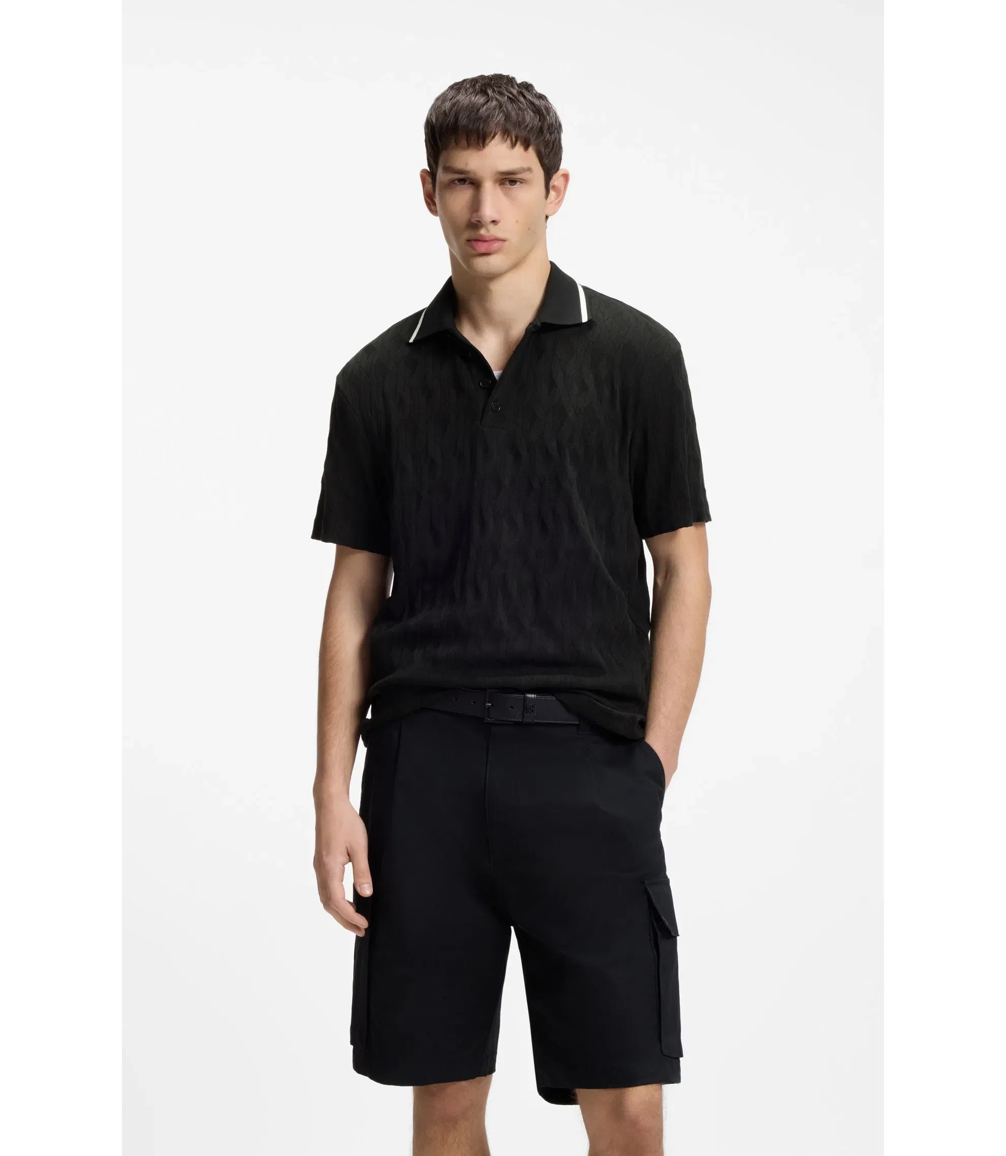Hugo Stripe Collar Polo Shirt In Cotton Jacquard Black
