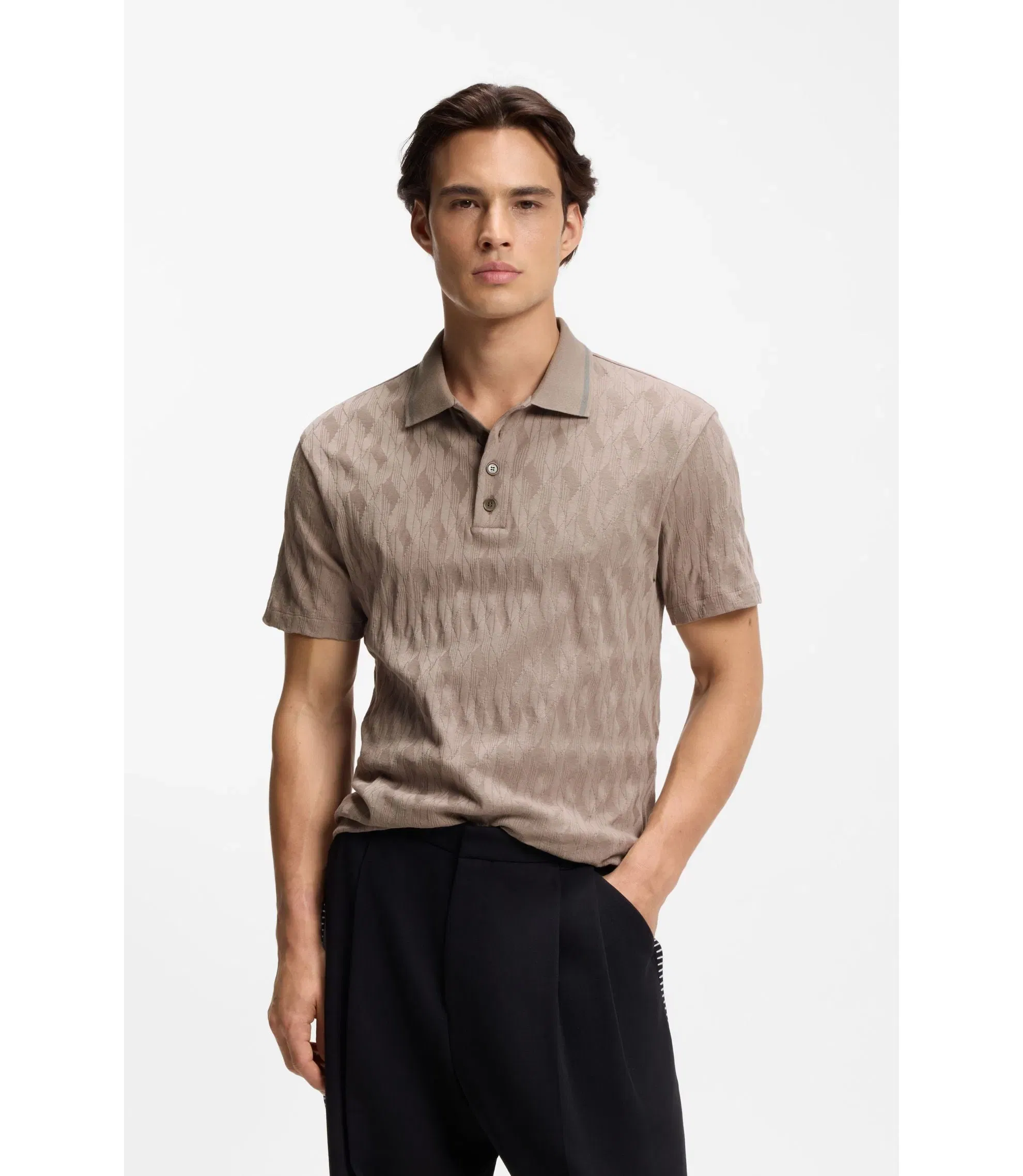 Hugo Stripe Collar Polo Shirt In Cotton Jacquard Light Brown