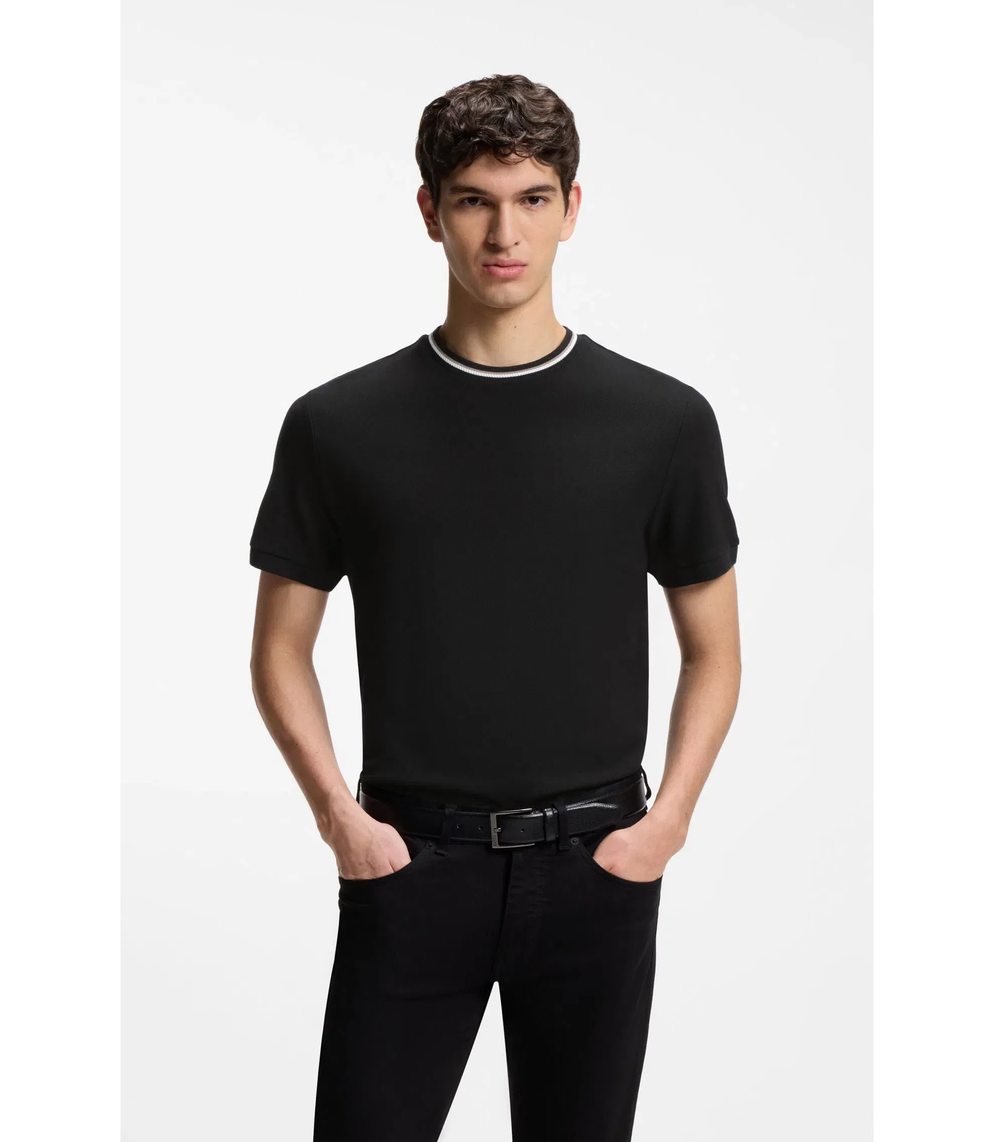 Boss Striped Collar T-Shirt In Cotton Piqu Black