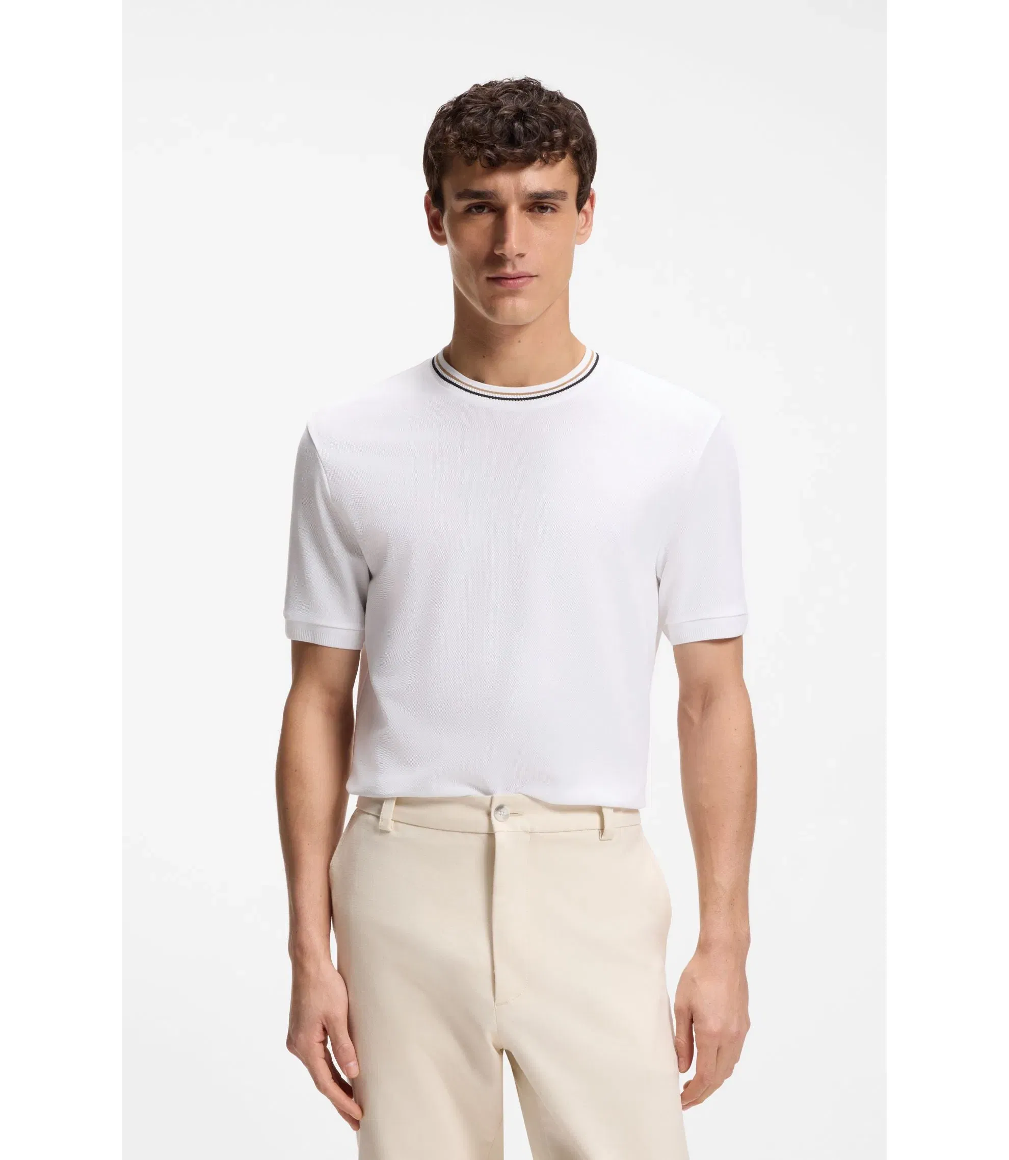 Boss Striped Collar T-Shirt In Cotton Piqu White