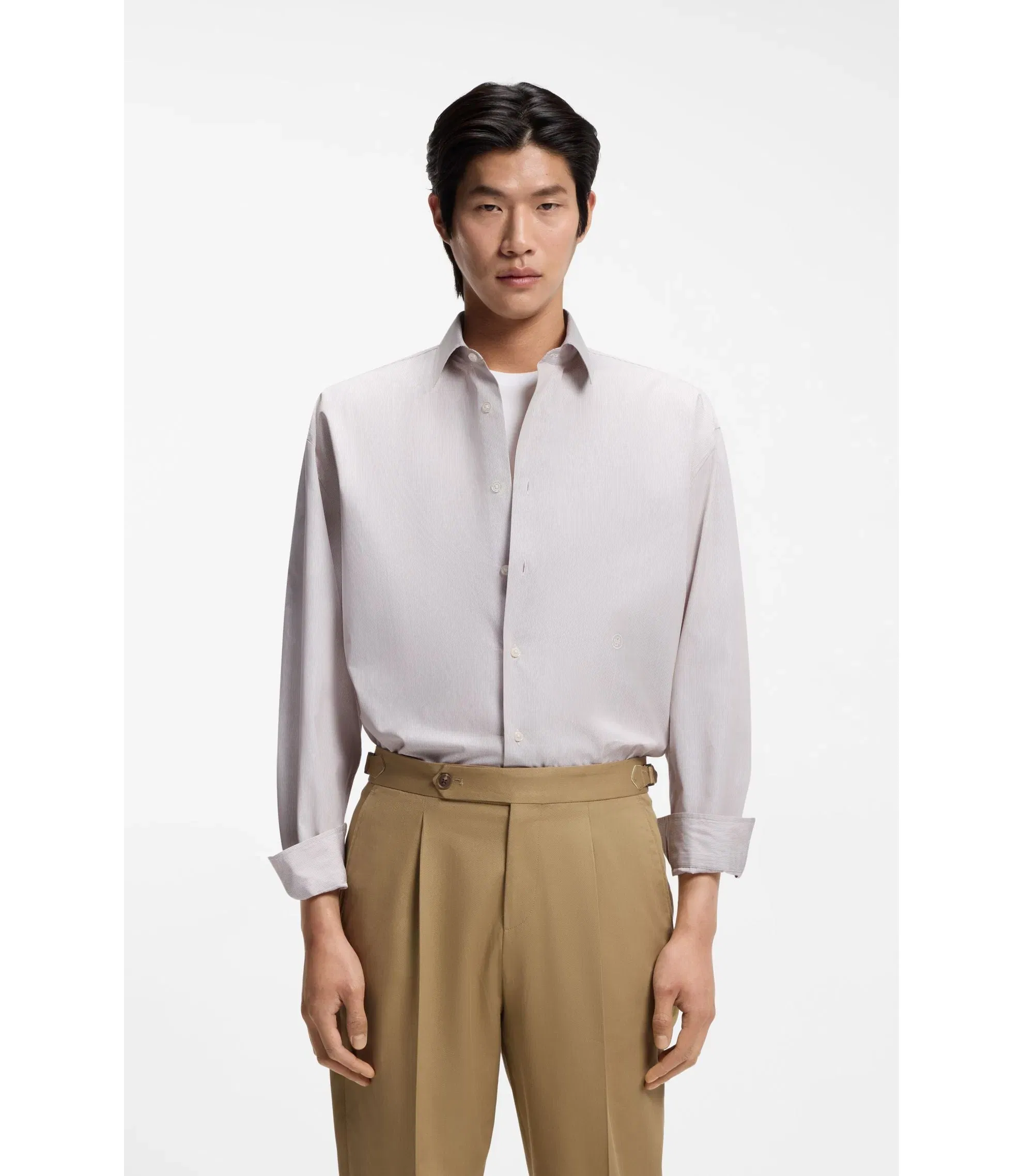 Boss Striped Relaxed Fit Shirt In Cotton Poplin Khaki
