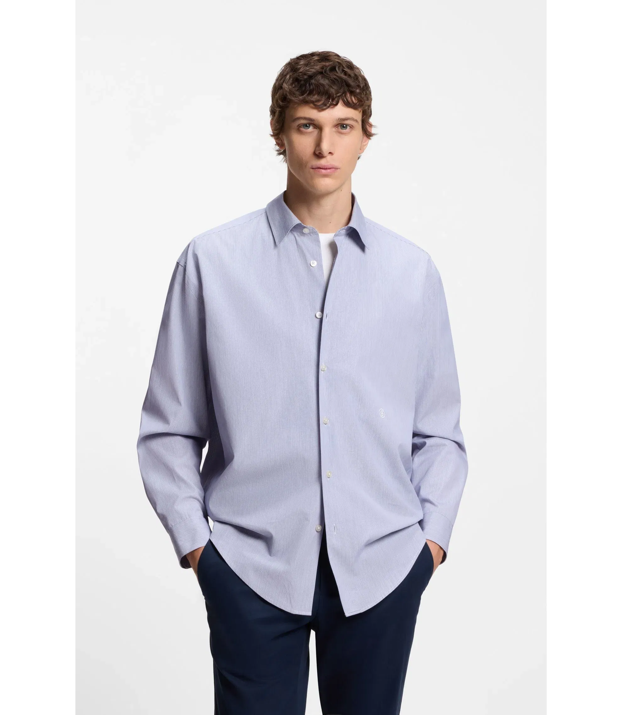 Boss Striped Relaxed Fit Shirt In Cotton Poplin Dark Blue