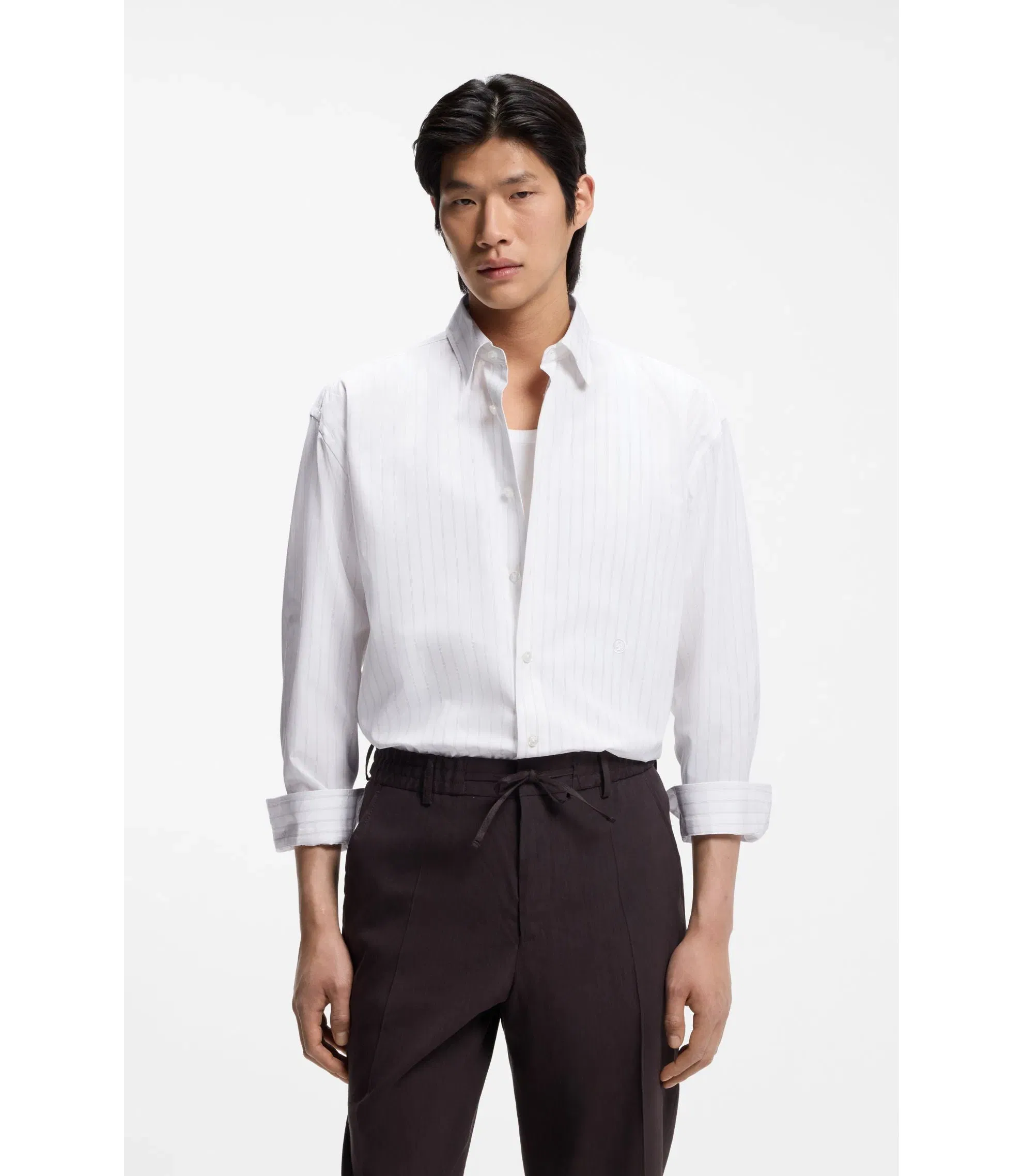 Boss Striped Relaxed Fit Shirt In Cotton Poplin White