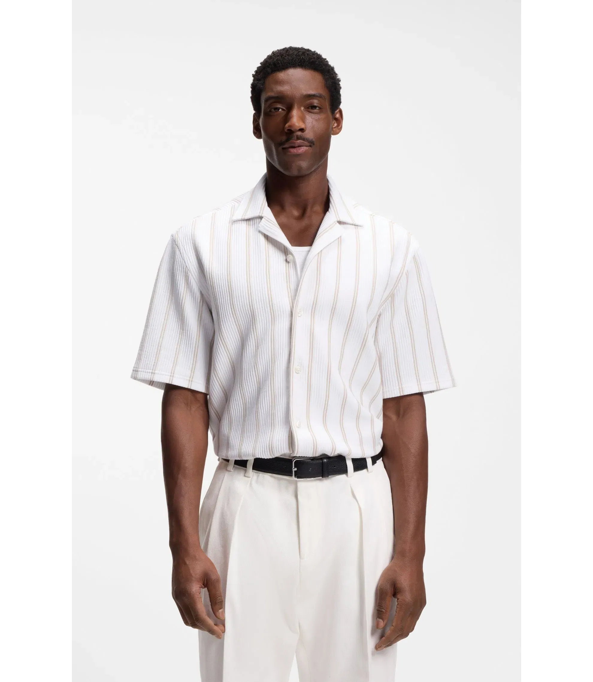 Boss Striped Relaxed Fit Shirt In Stretch Cotton Light Beige