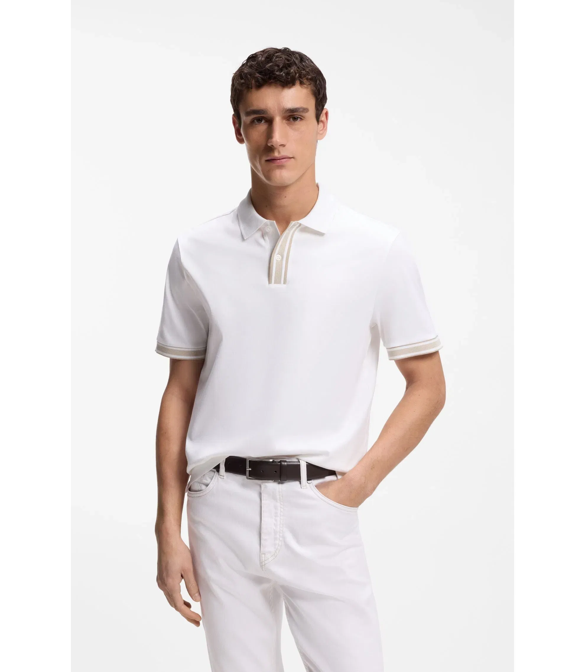 Boss Striped Trim Polo Shirt In Mercerised Cotton White
