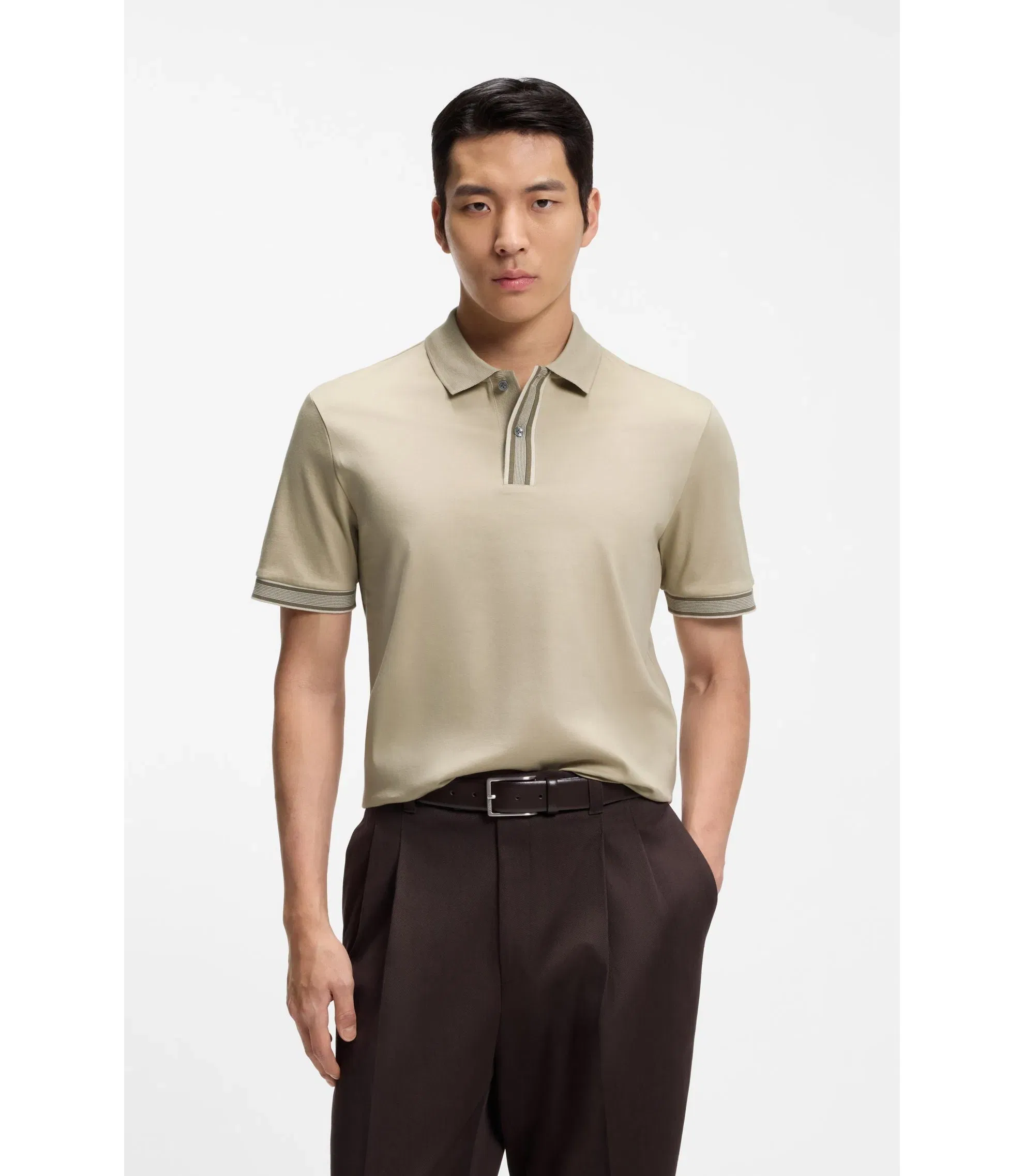 Boss Striped Trim Polo Shirt In Mercerised Cotton Light Beige