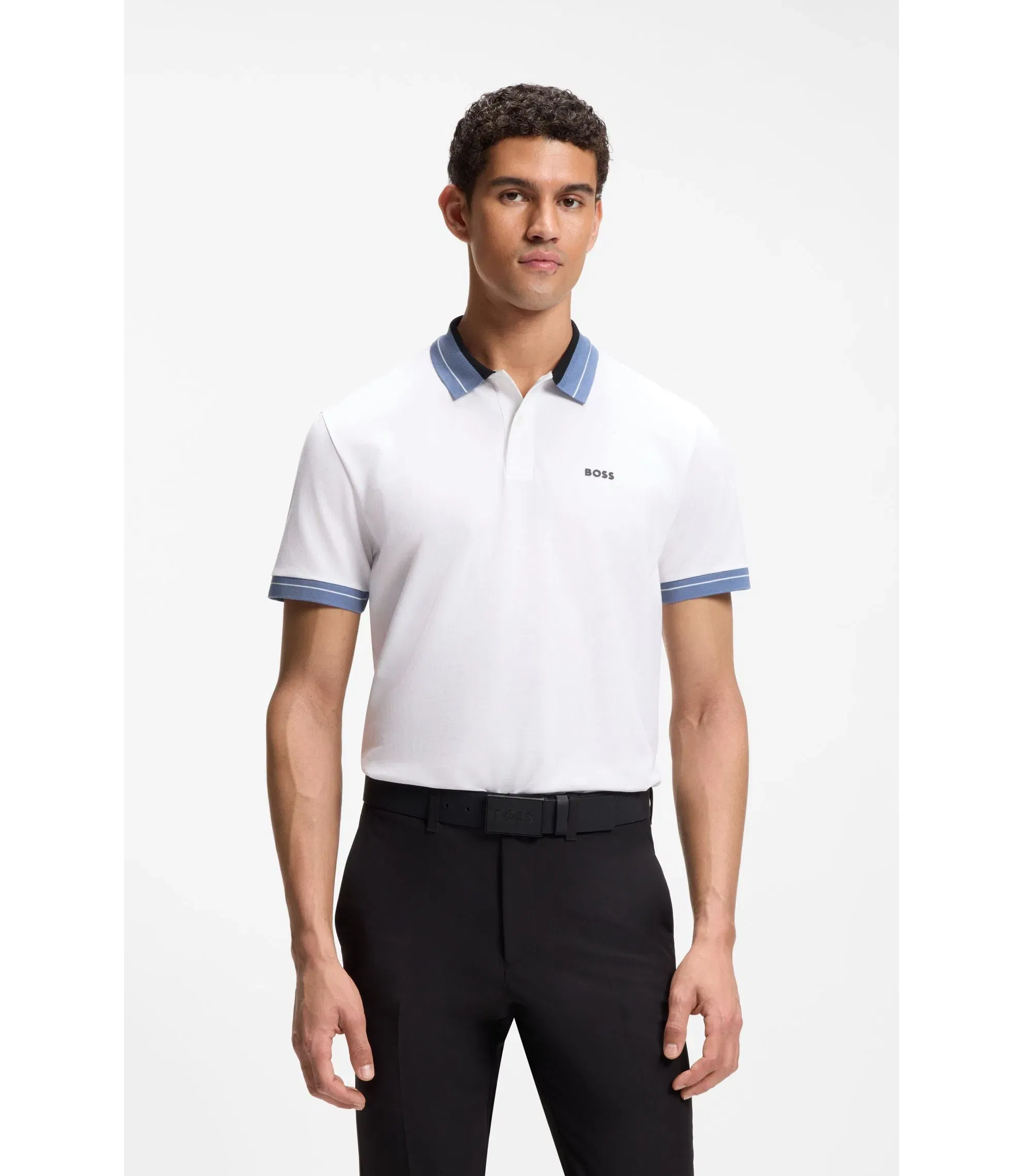 Boss Stripe Trim Polo Shirt In Stretch Cotton White