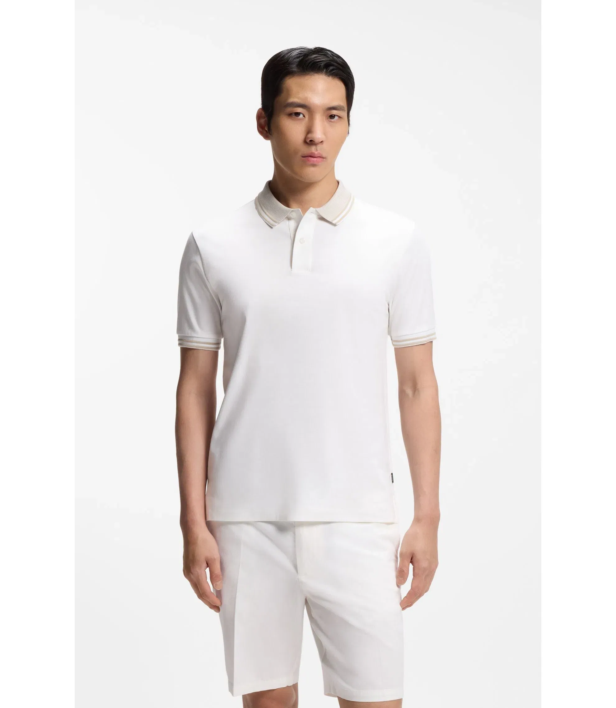 Boss Stripe Trim Slim Fit Polo Shirt In Mercerised Cotton White