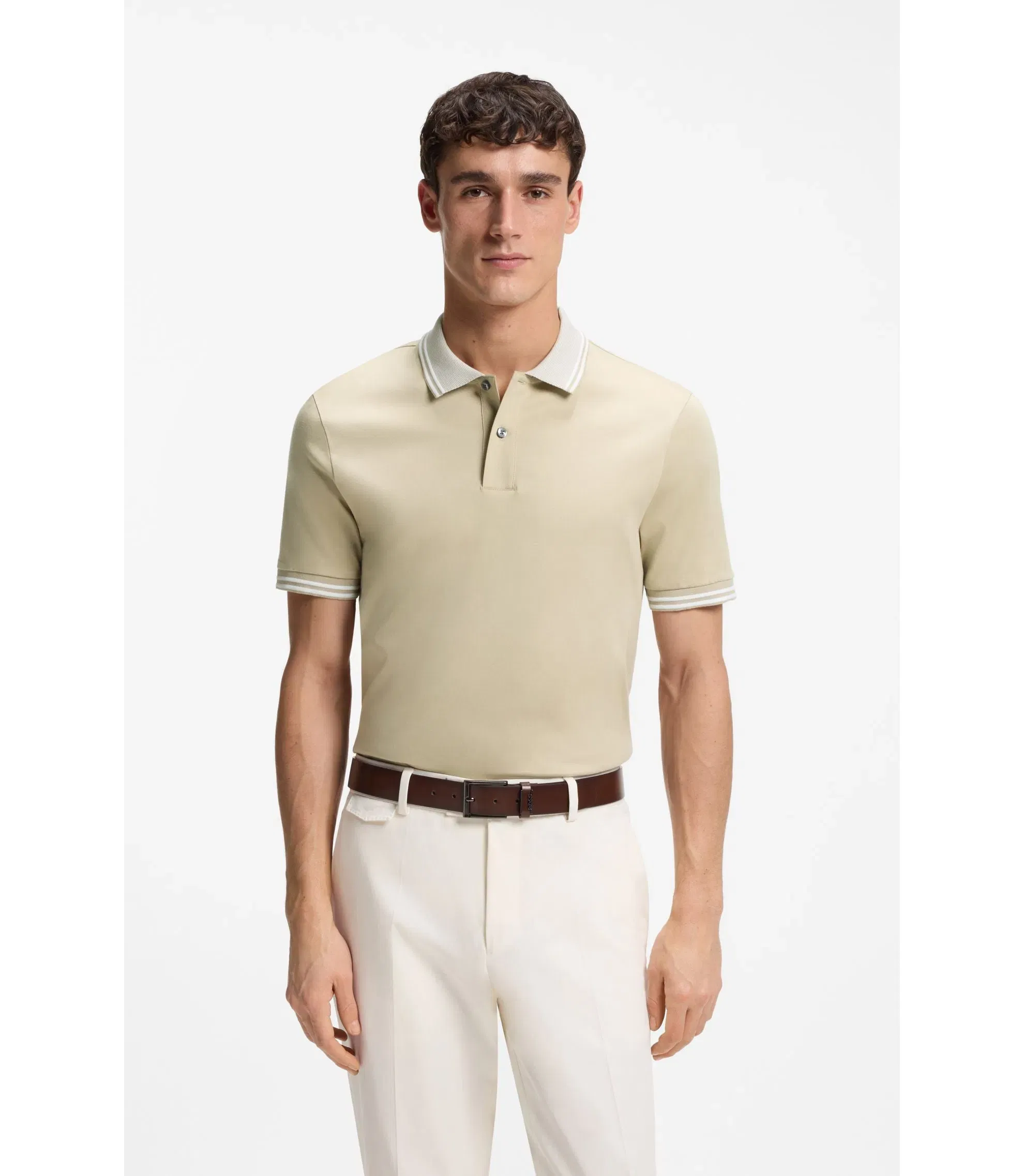 Boss Stripe Trim Slim Fit Polo Shirt In Mercerised Cotton Light Beige