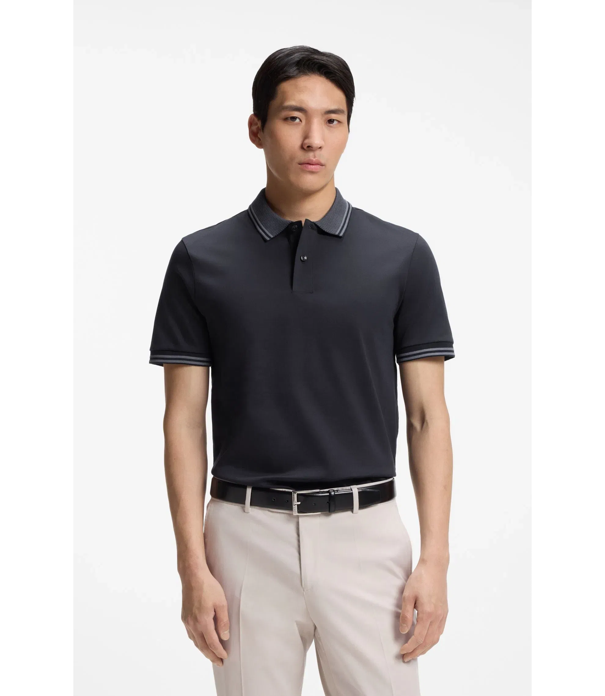 Boss Stripe Trim Slim Fit Polo Shirt In Mercerised Cotton Dark Blue