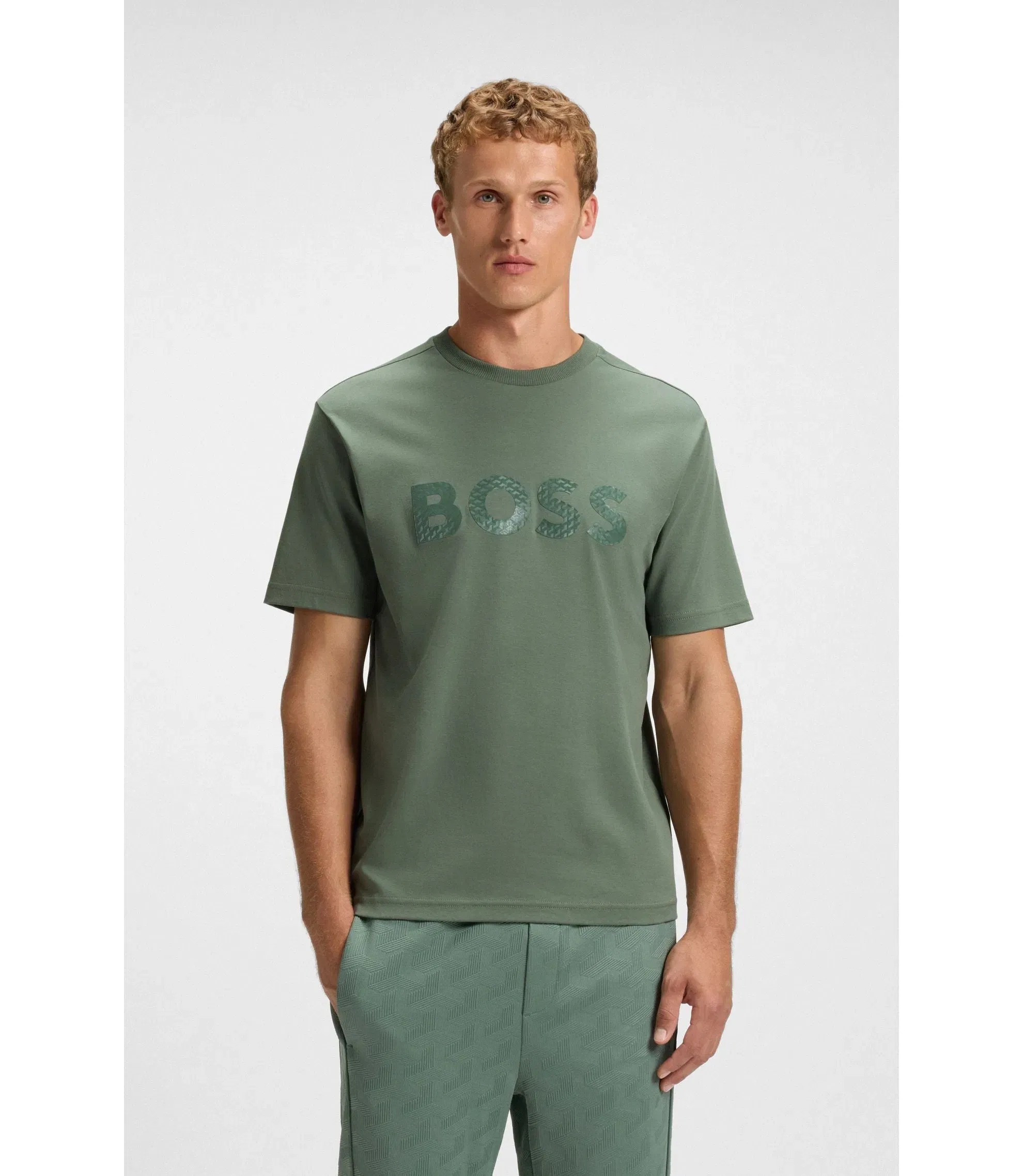 Boss Structured Logo T-Shirt In Cotton Jersey Light Green