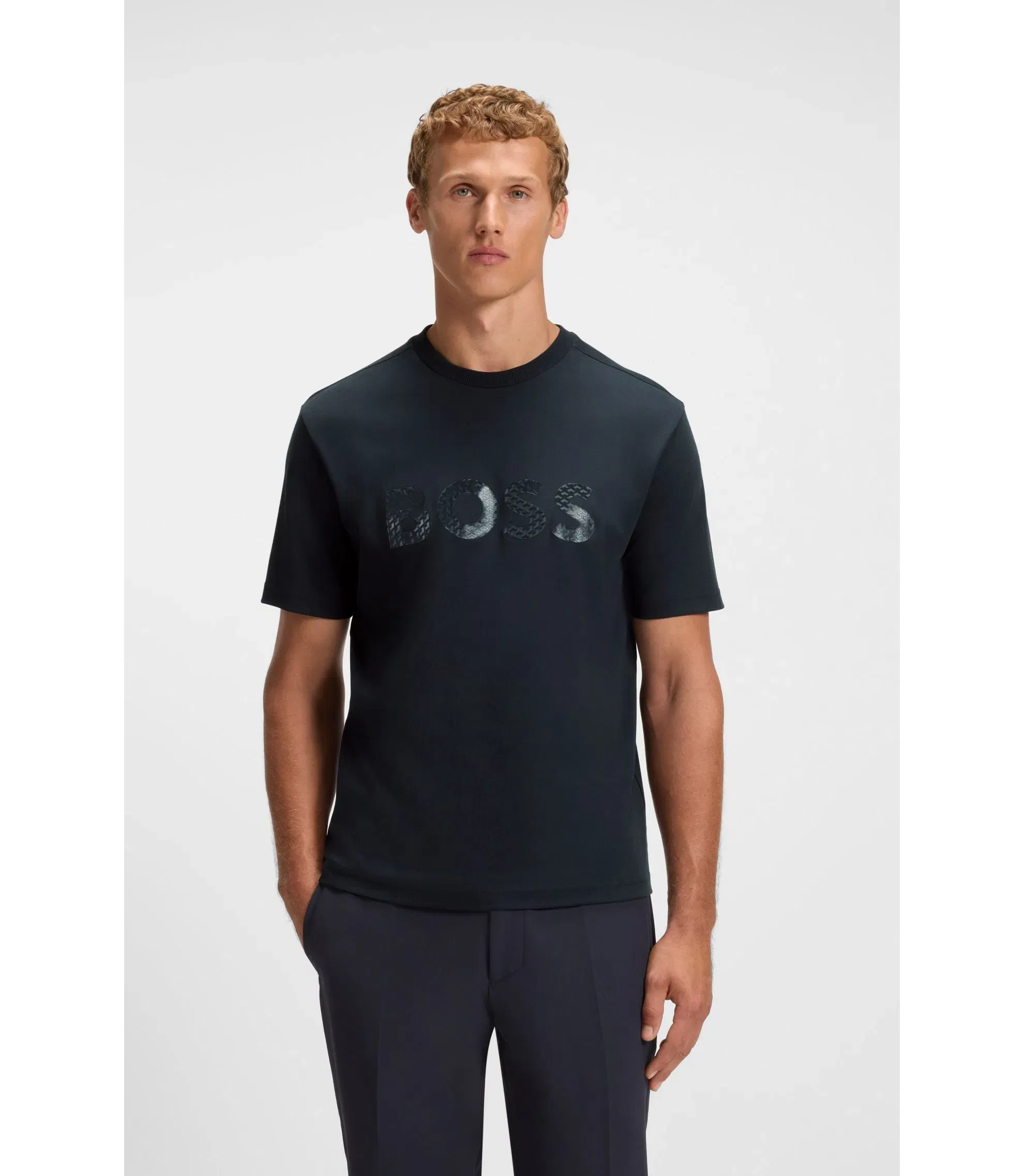 Boss Structured Logo T-Shirt In Cotton Jersey Dark Blue