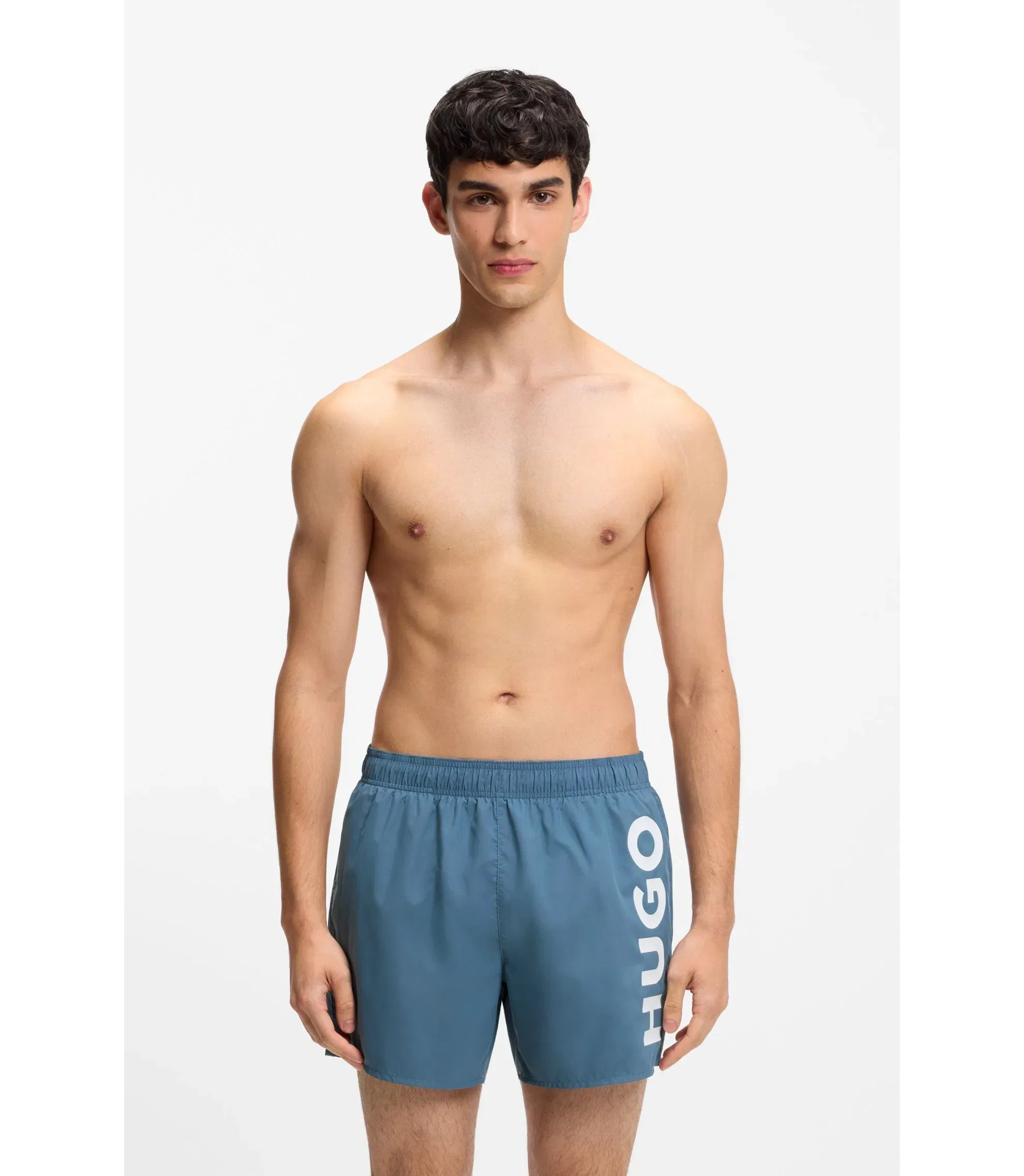 Hugo Swim Shorts With Vertical Logo Print Light Blue