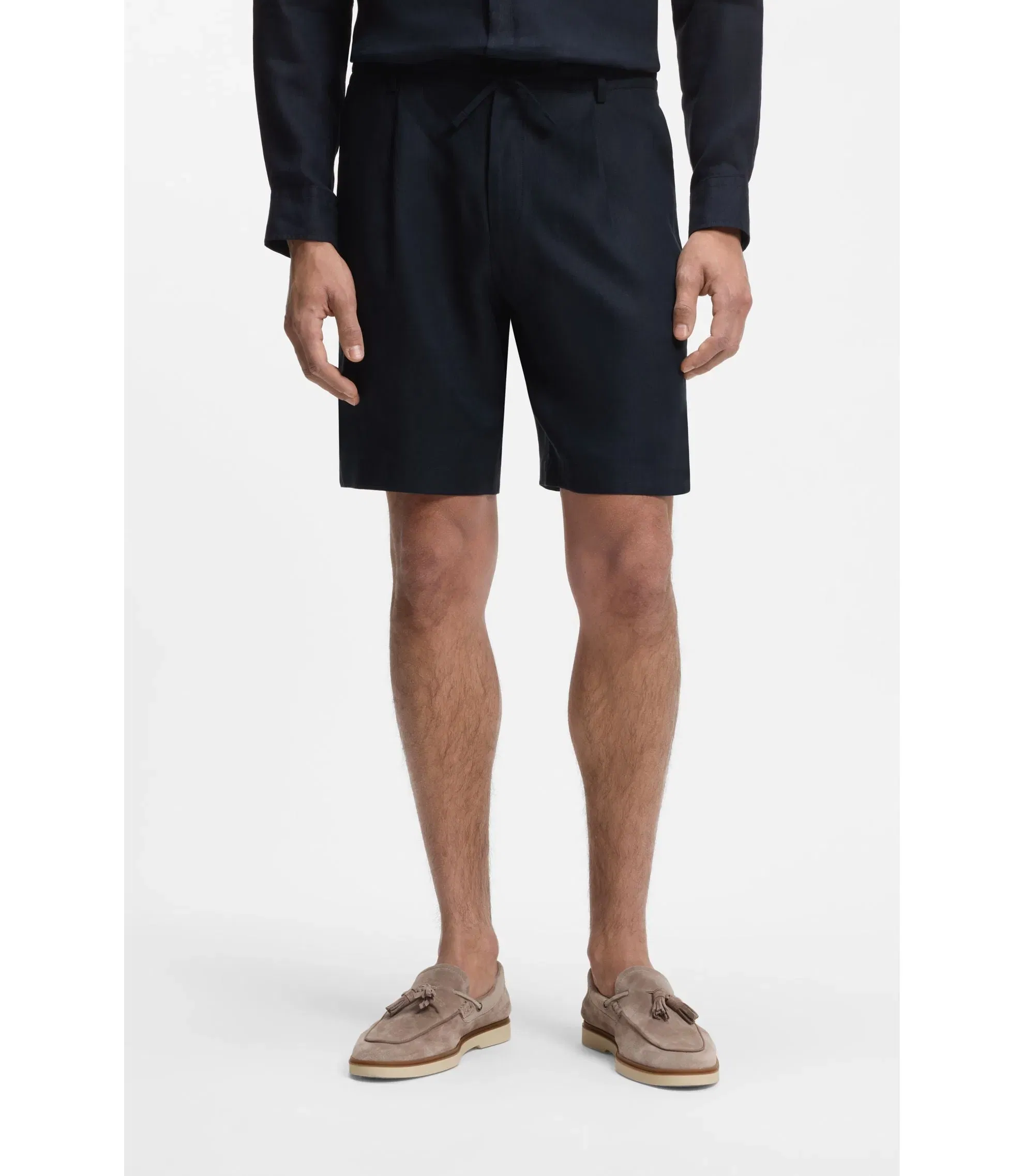 Boss Tapered Fit Shorts In Linen Dark Blue