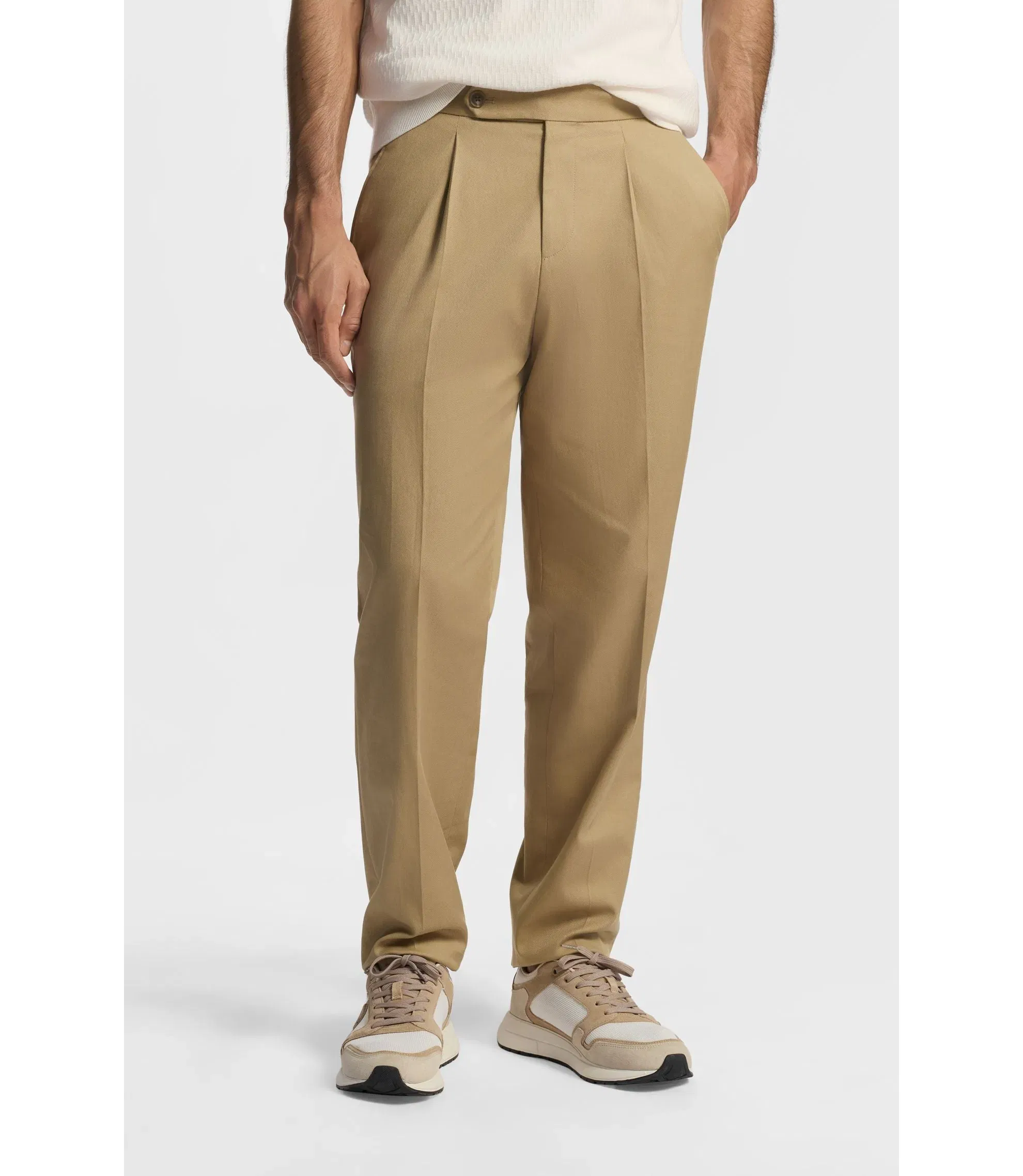 Boss Tapered Fit Trousers In Stretch Cotton Khaki