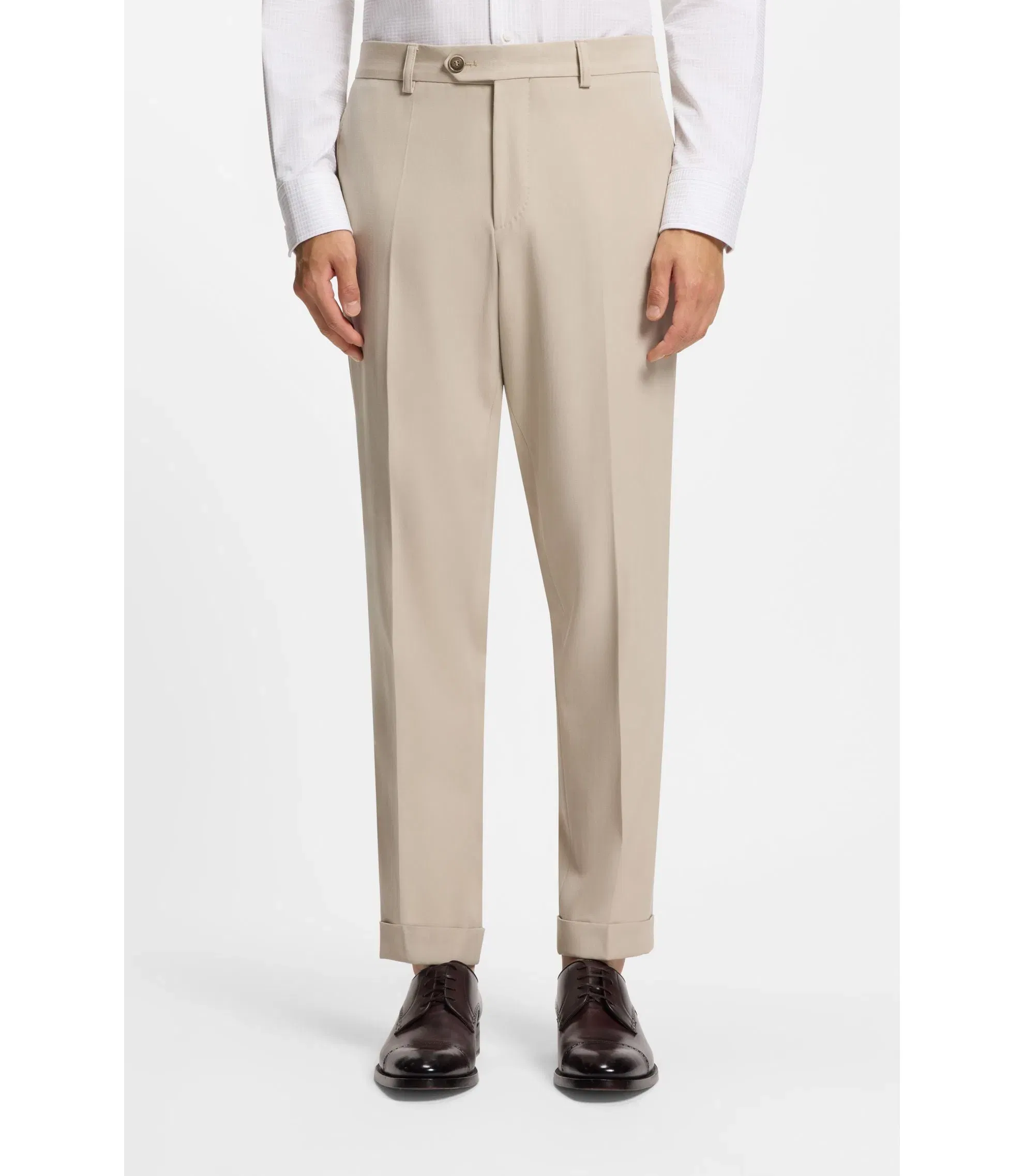 Boss Tapered Fit Trousers In Virgin Wool And Cotton Khaki