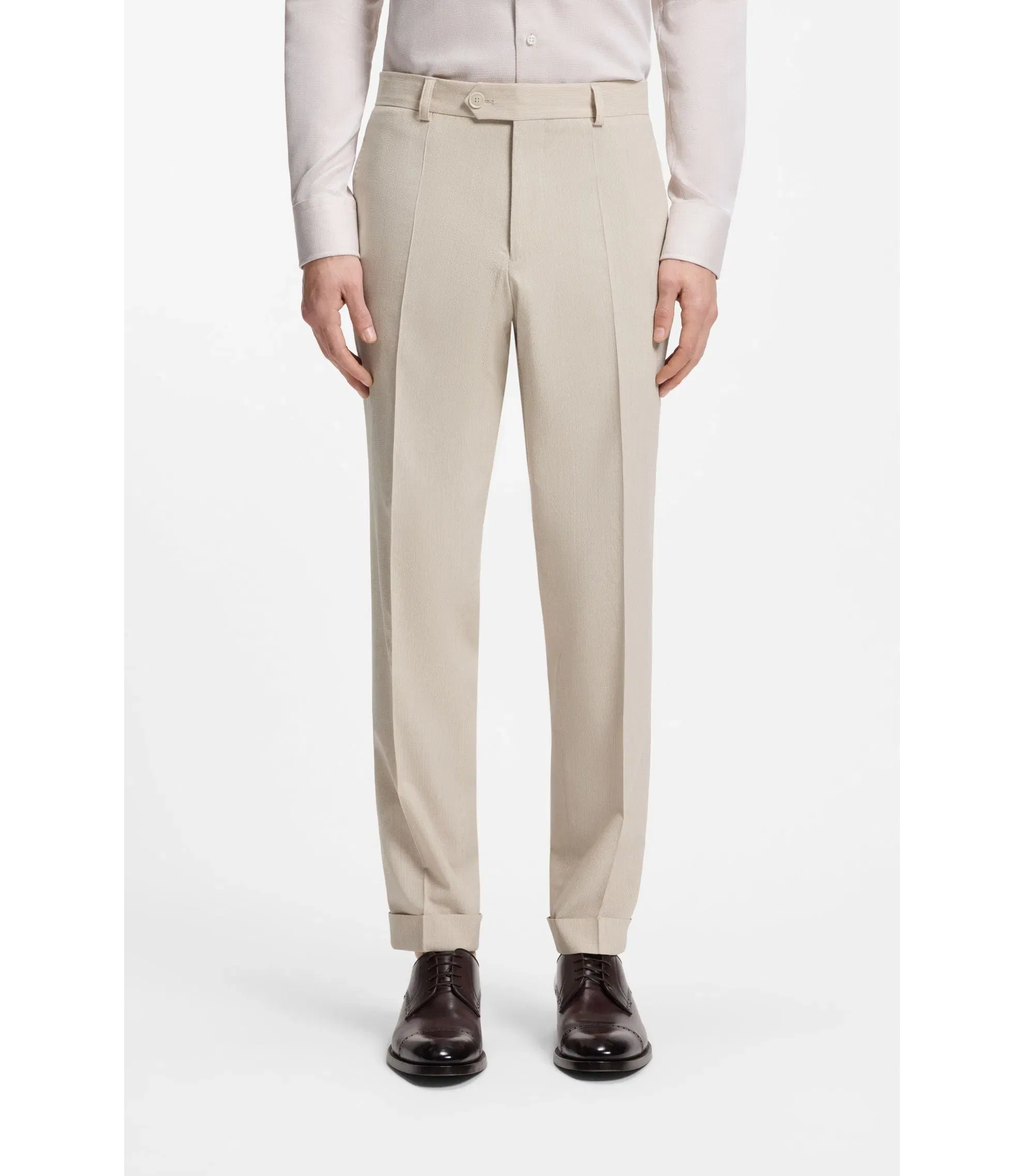 Boss Tapered Fit Trousers In Wool Blend Seersucker Beige