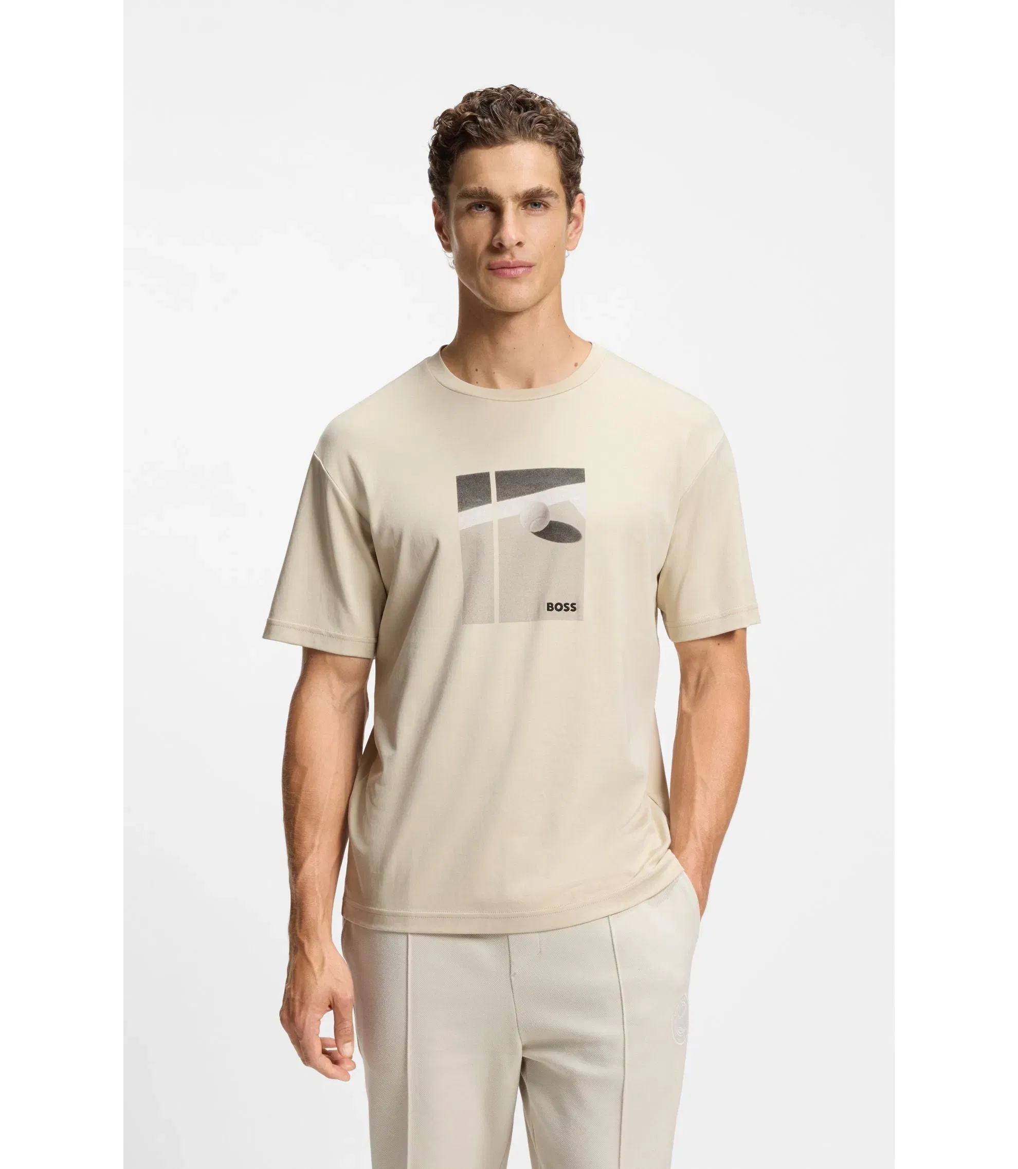 Boss Tennis Artwork T-Shirt In Pima Cotton Light Beige