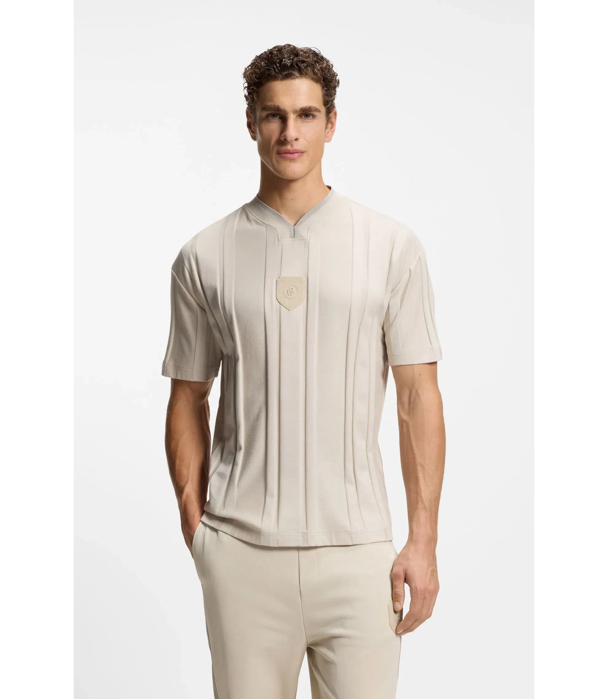 Boss Textured Stripe T-Shirt In Cotton Light Beige