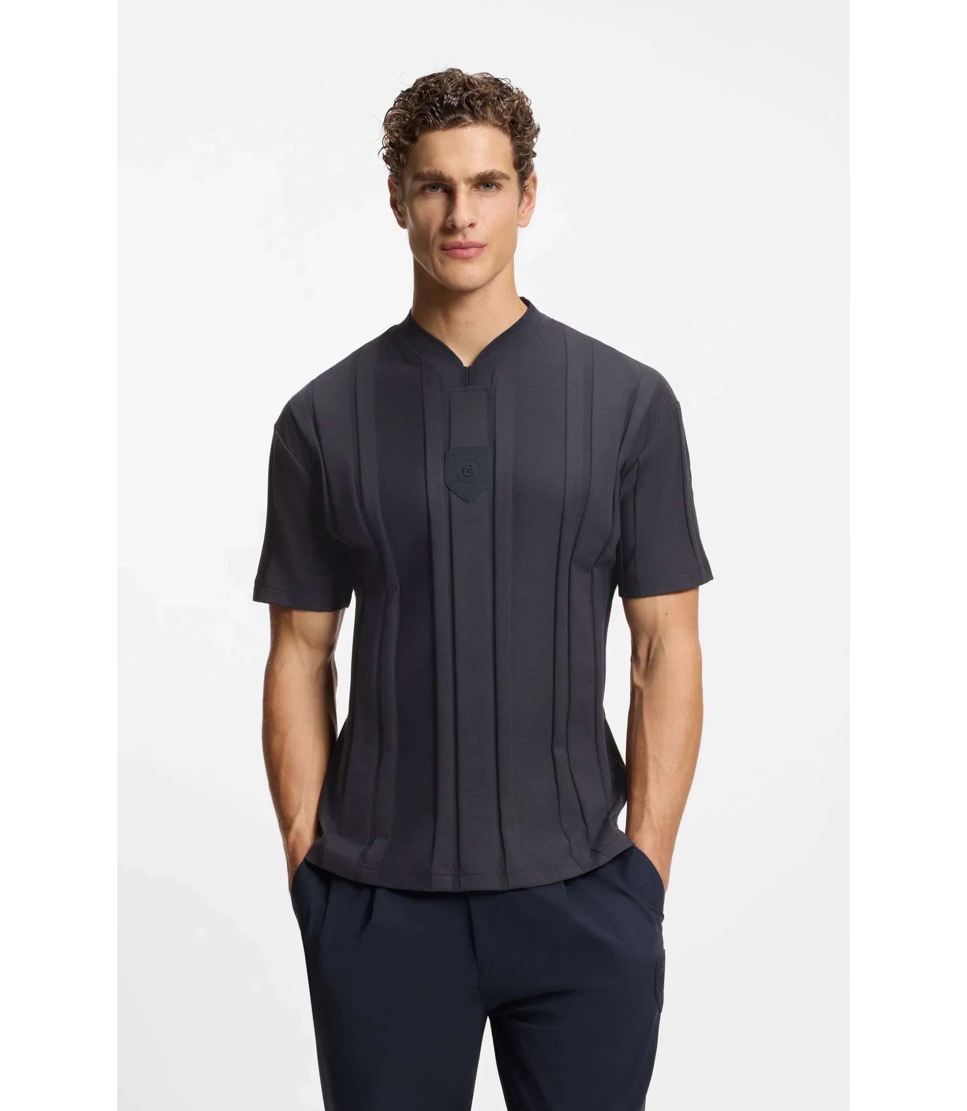Boss Textured Stripe T-Shirt In Cotton Dark Blue