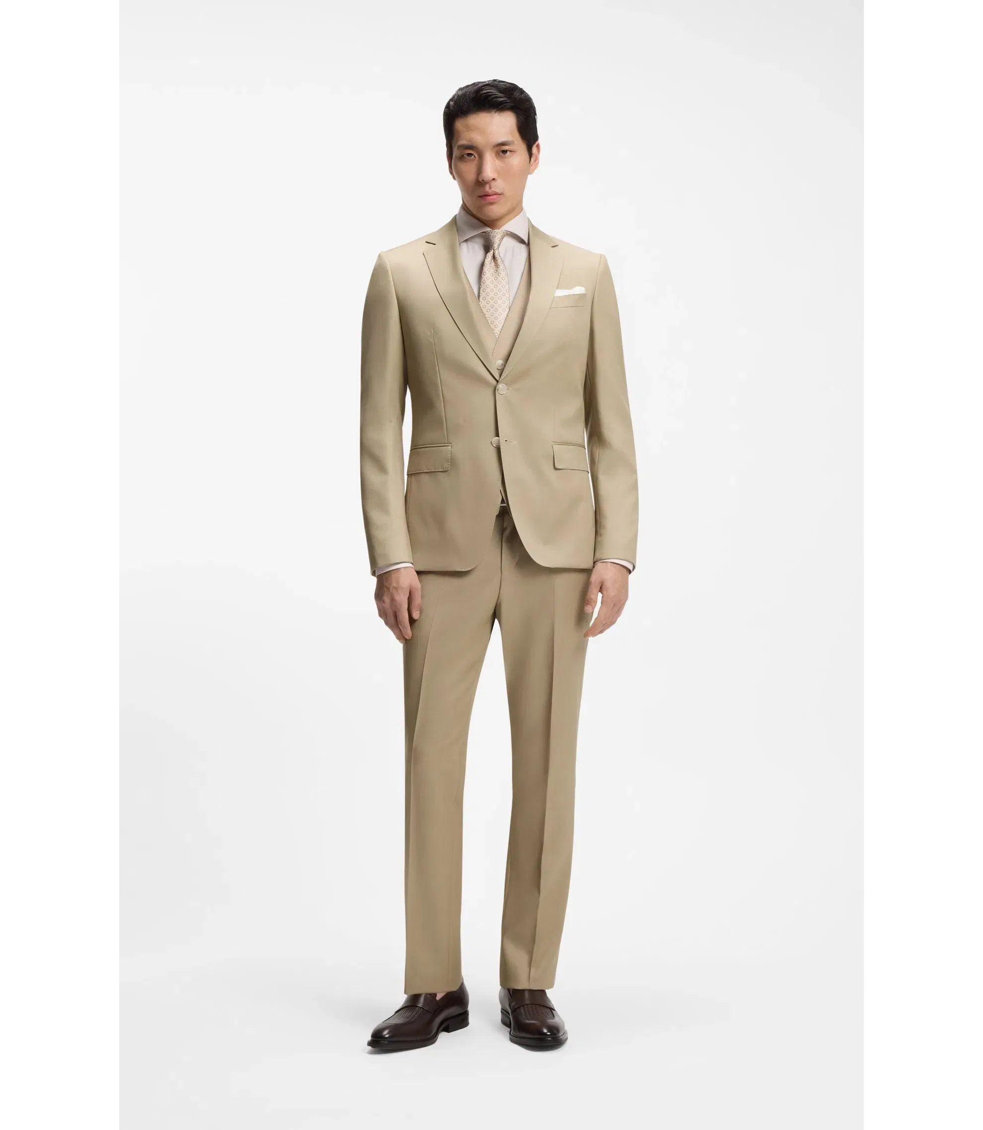 Boss Three Piece Slim Fit Suit In Virgin Wool Serge Light Beige