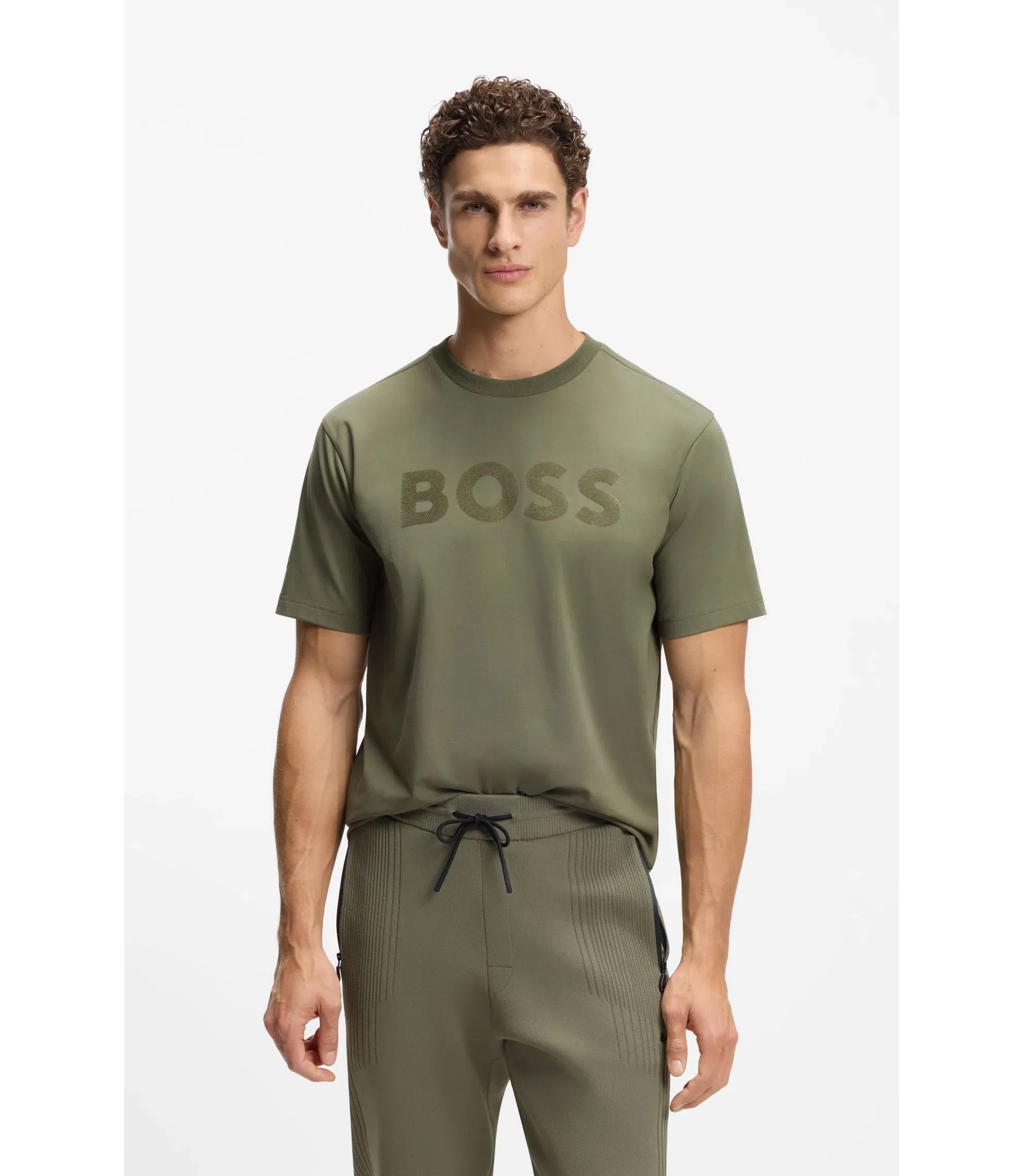 Boss Tonal Logo T-Shirt In Stretch Cotton Khaki