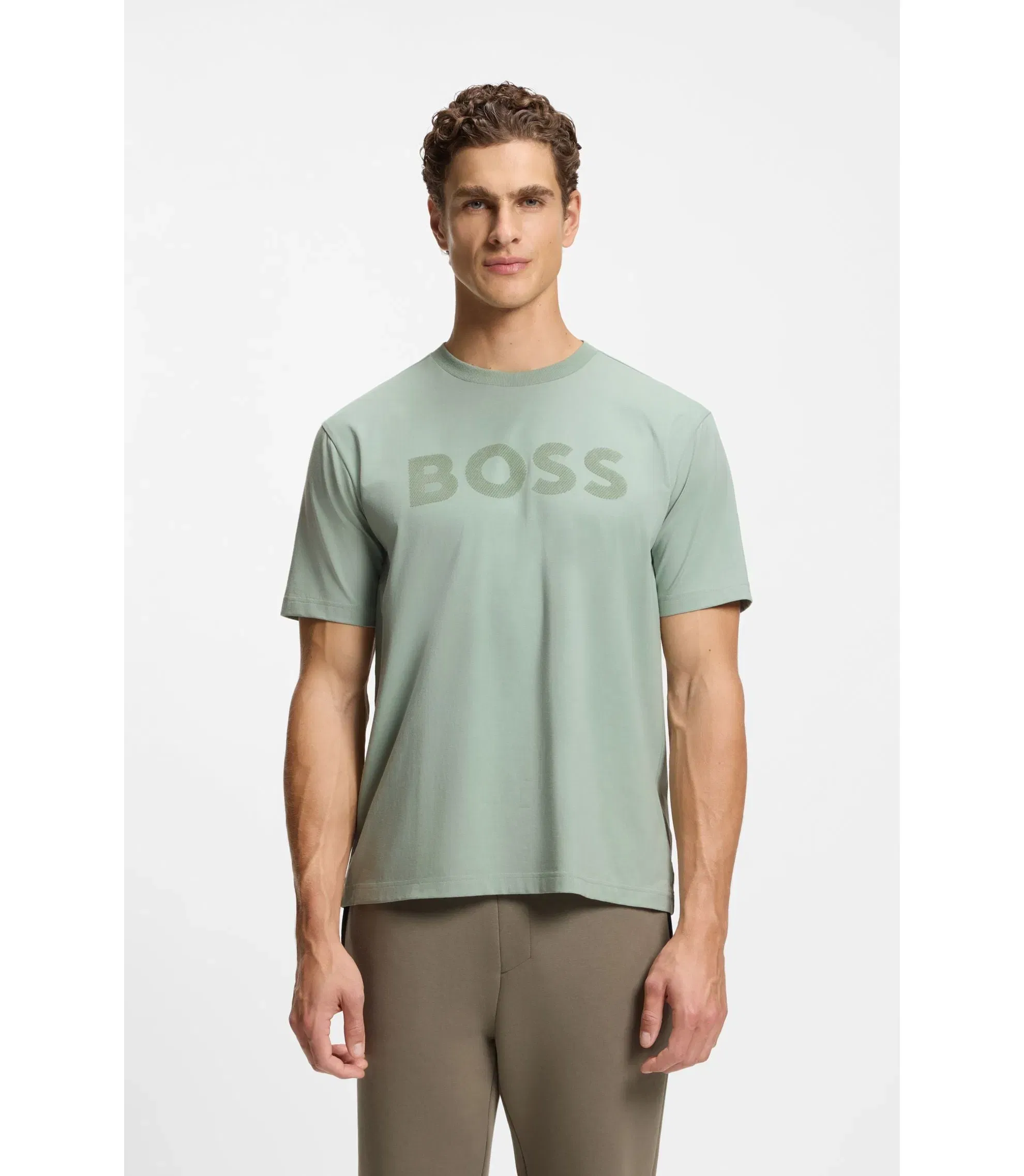 Boss Tonal Logo T-Shirt In Stretch Cotton Light Green