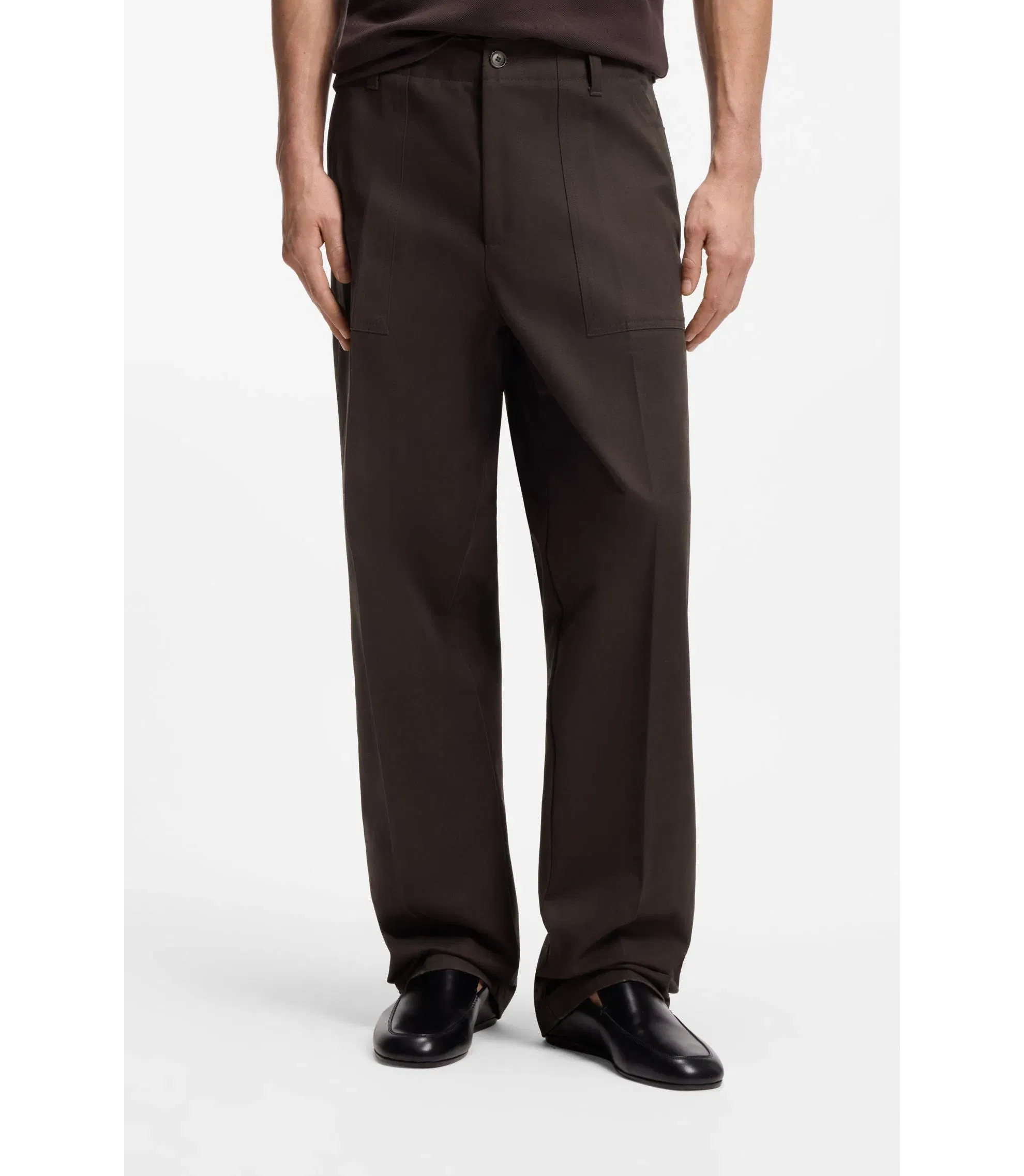Boss Twill Cotton Trousers With Relaxed Fit Dark Brown