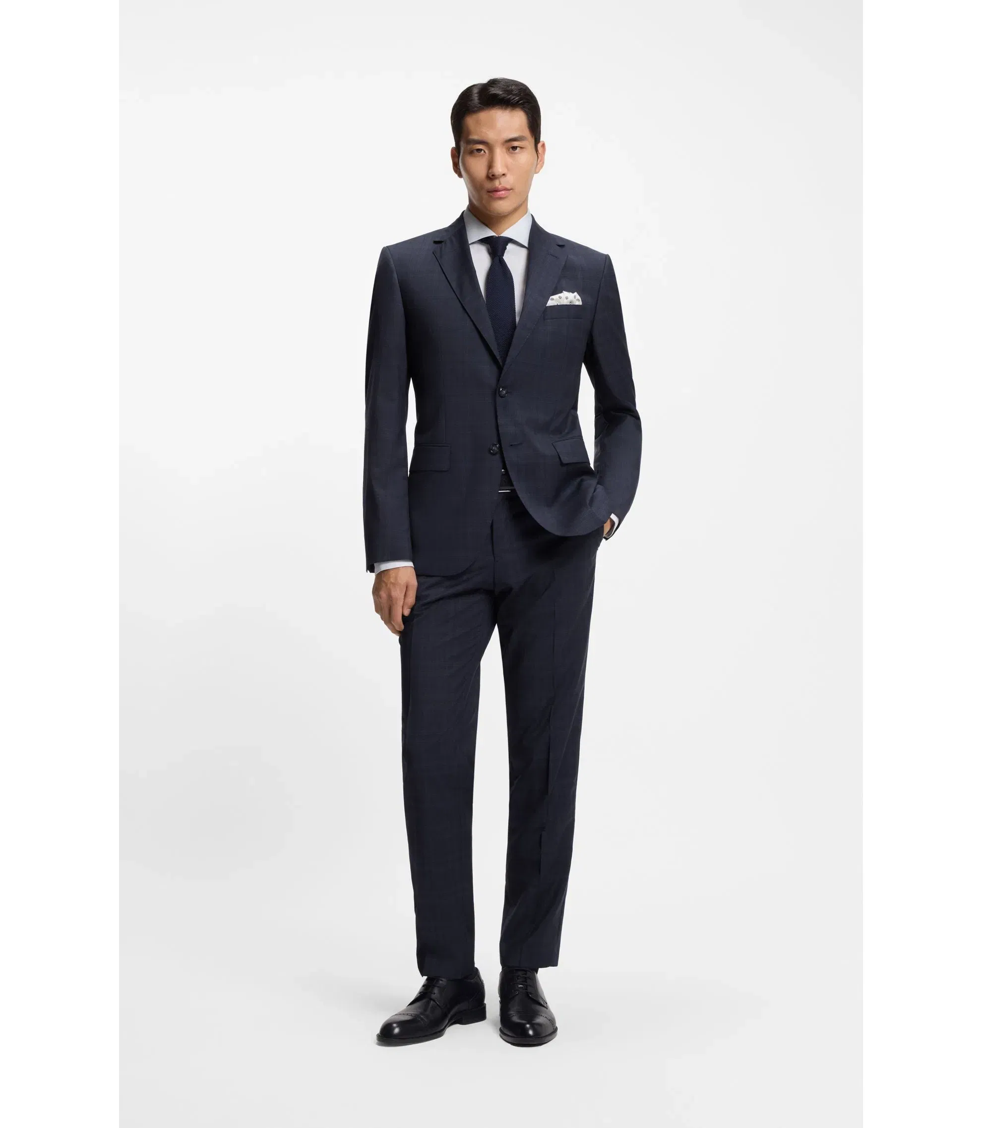 Boss Two Piece Regular Fit Suit In Checked Virgin Wool Dark Blue