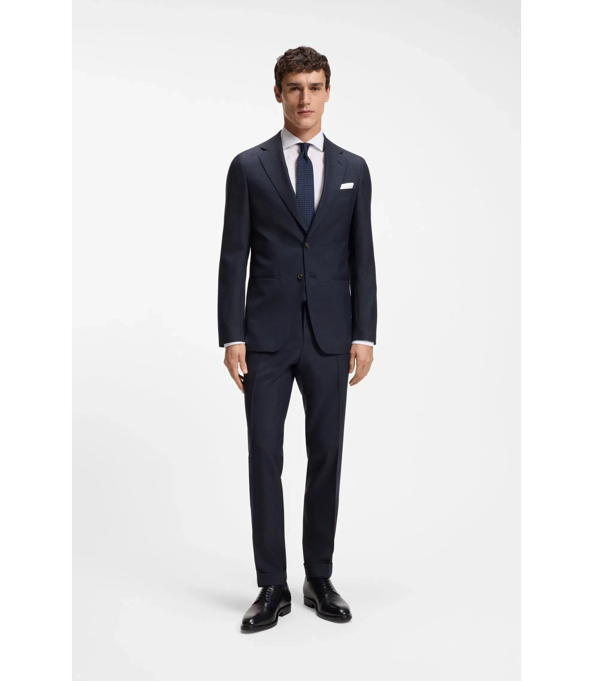 Boss Two Piece Slim Fit Suit In Checked Virgin Wool Dark Blue