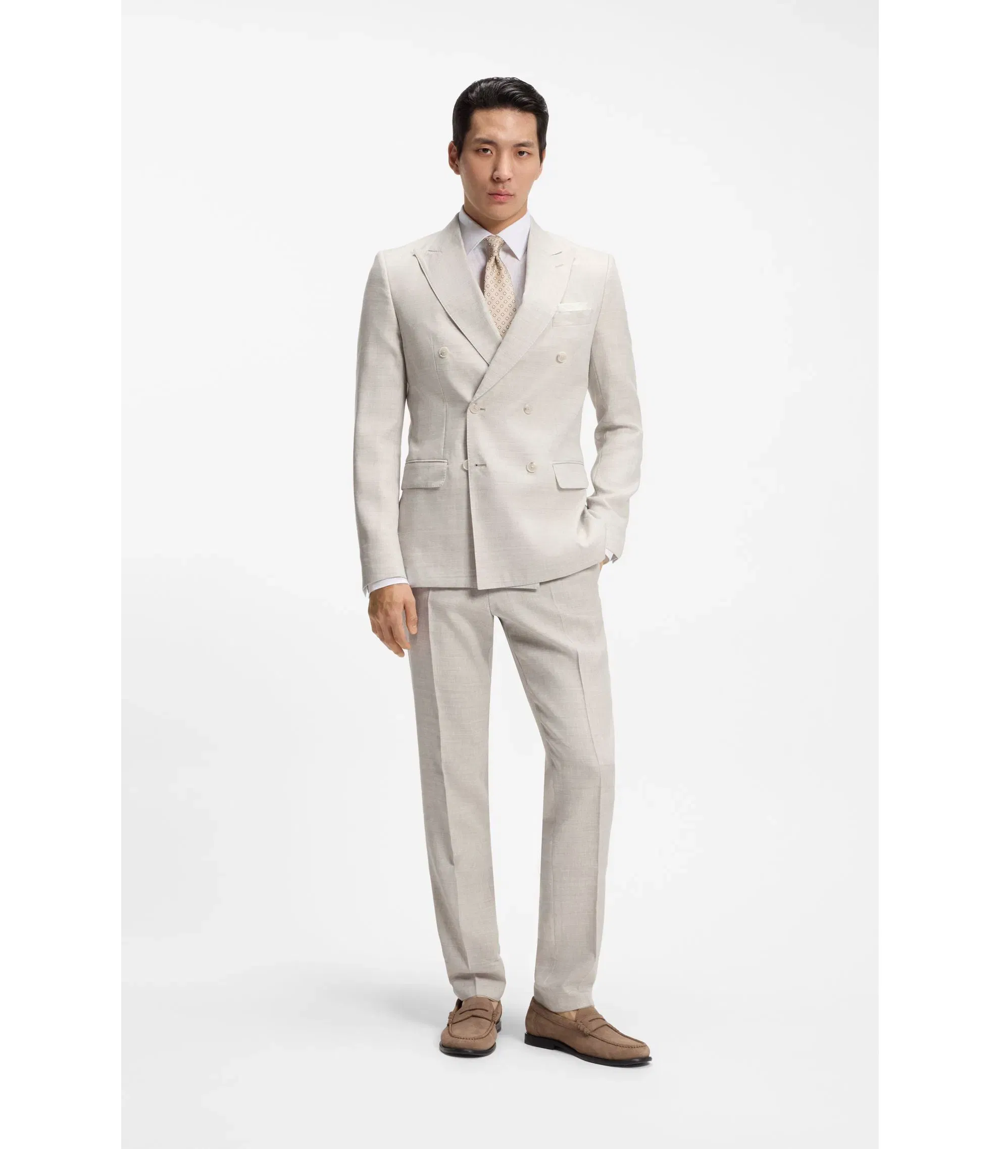 Boss Two Piece Slim Fit Suit In Striped Linen And Wool Light Grey