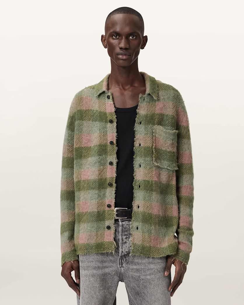 Allsaints Adler Jacquard Plaid Cardigan Sunbaked Pink
