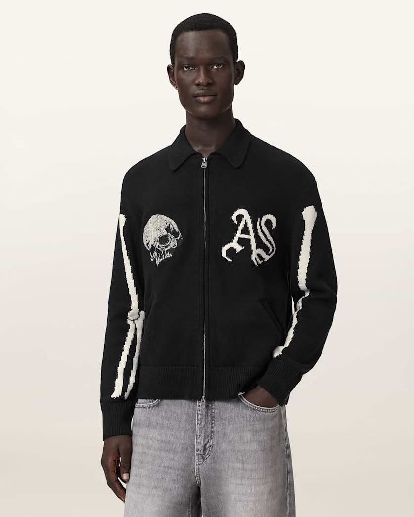 Allsaints Adrian Zip Up Embroided Knitted Cardigan Black