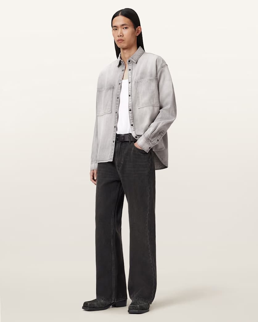 Allsaints Al Oversized Denim Shirt Light Grey
