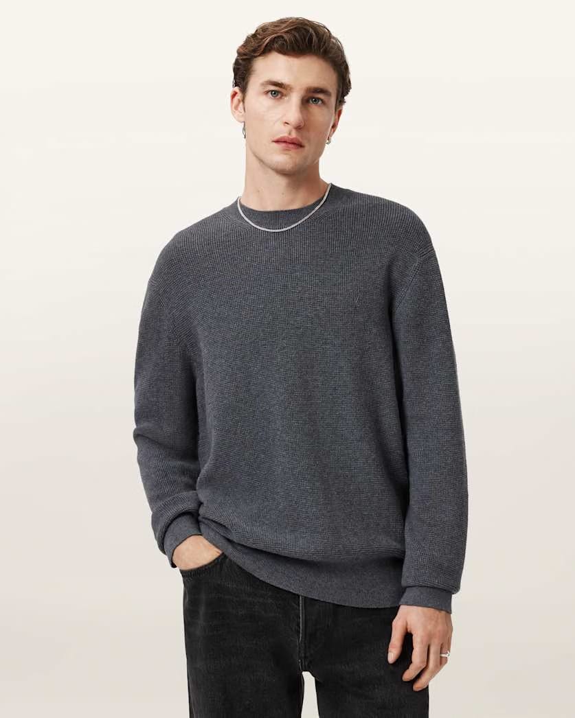 Allsaints Aspen Crew Neck Waffle Sweater Slate Blue