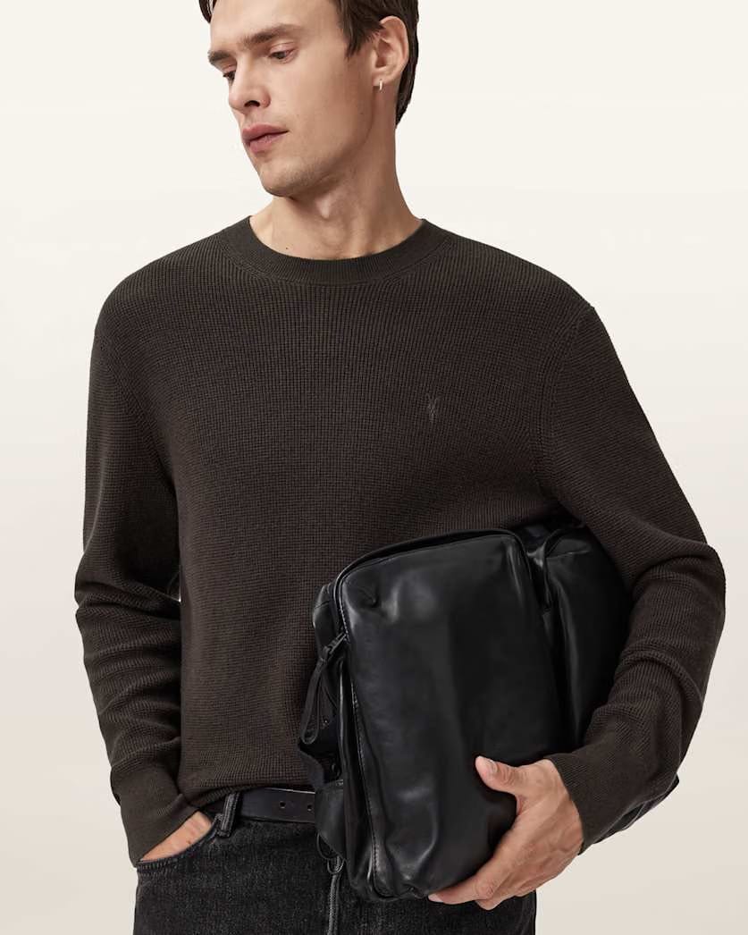 Allsaints Aspen Waffle Crew Neck Sweater Espresso Brown