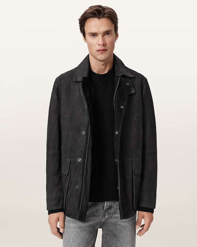 Allsaints Bolton Waxed Suede Coat Washed Black