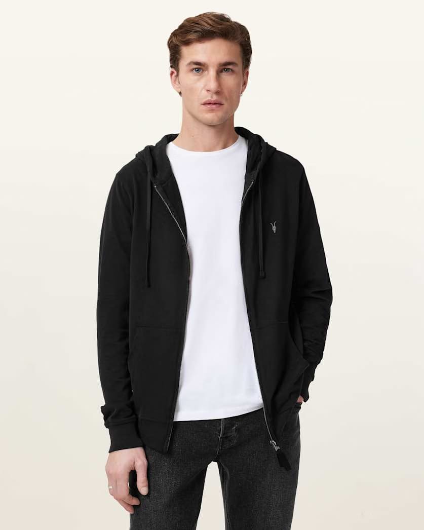 Allsaints Brace Zip Up Brushed Cotton Ramskull Hoodie Jet Black