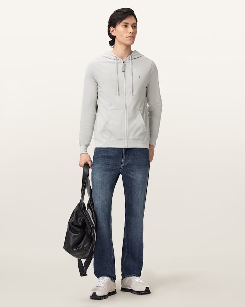 Allsaints Brace Zip Up Ramskull Hoodie Pebble Grey