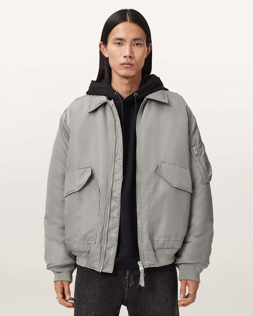 Allsaints Camber Oversized Bomber Jacket Warm Grey