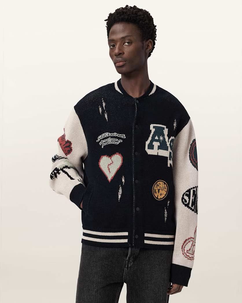 Allsaints Chase Jacquard Knit Cardigan Black/Ecru White