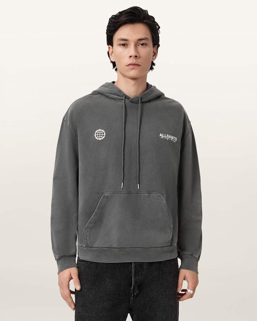 Allsaints Emblem Oversized Cotton Hoody Washed Black