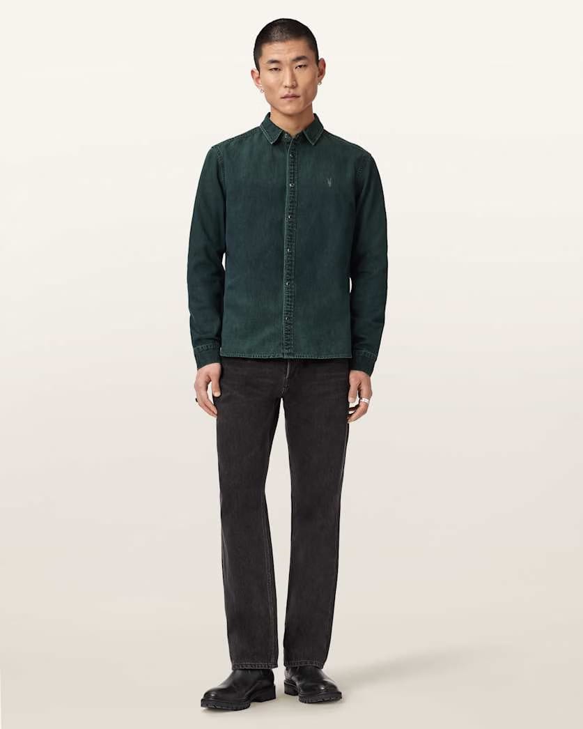 Allsaints Gleason Long Sleeve Ramskull Shirt Phantom Blue