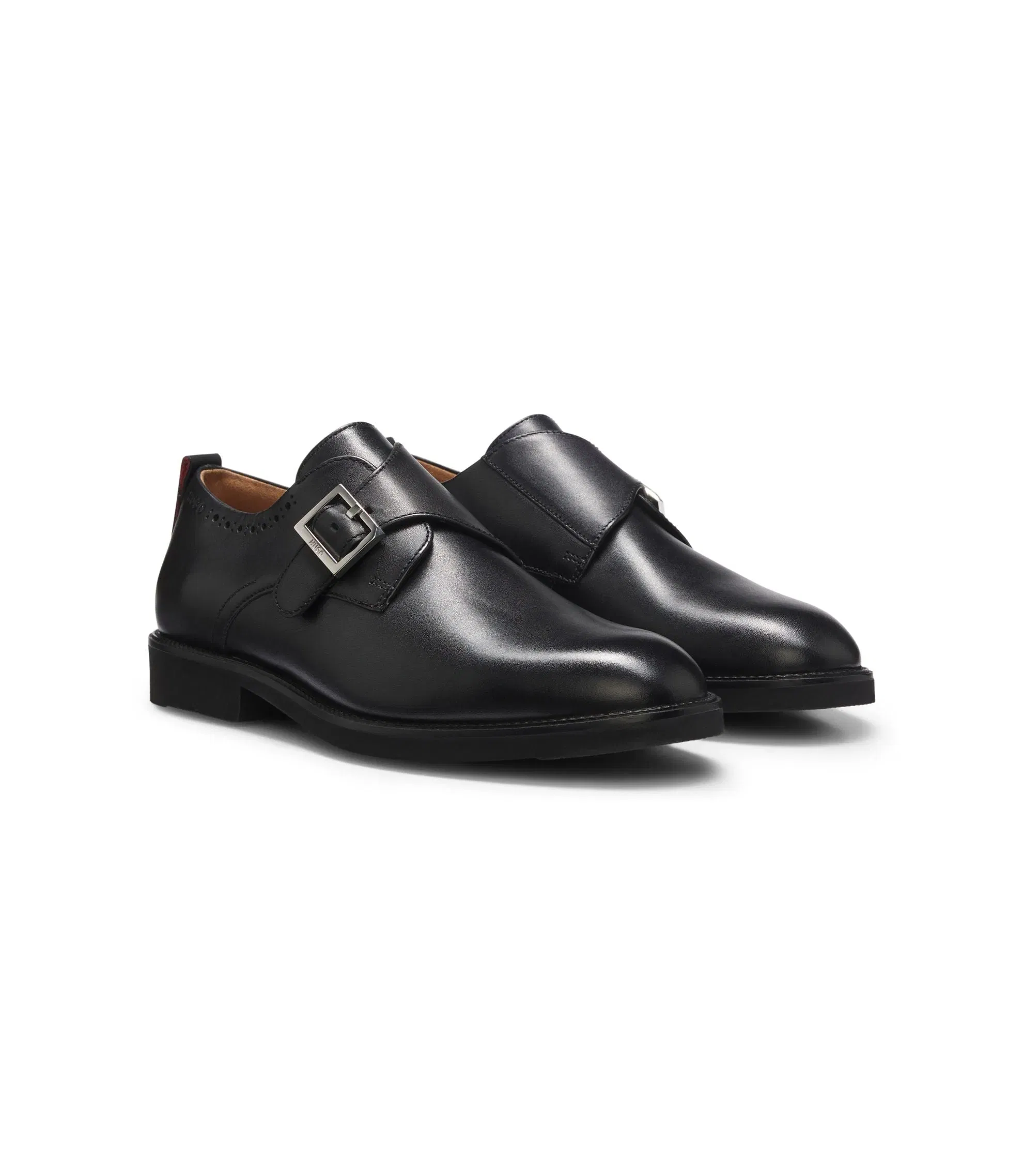 Hugo Leather Monk Strap Shoes With Brogue Detailing Black Black