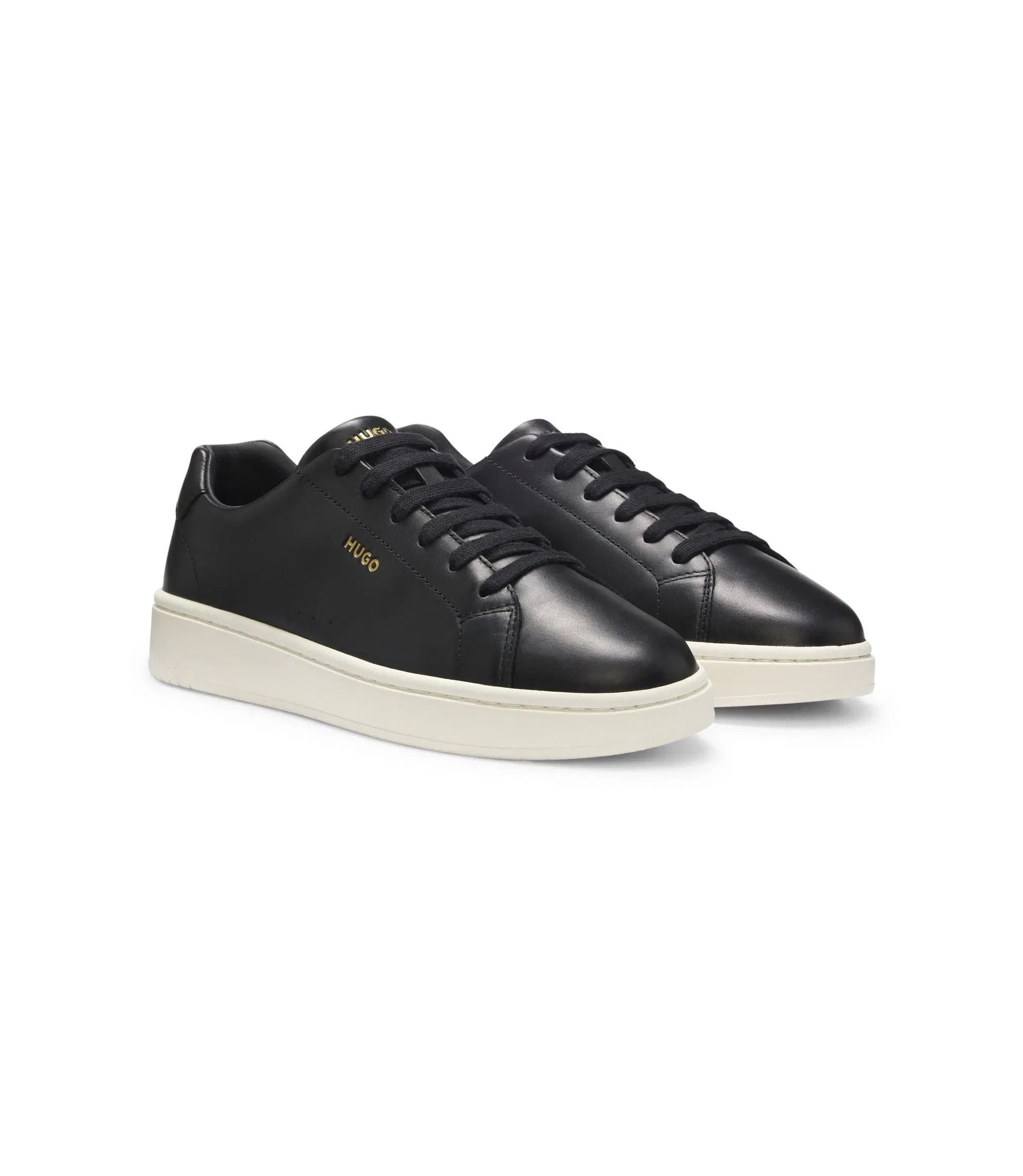 Hugo Nappa Leather Sneakers With Gold Tone Logo Black Black