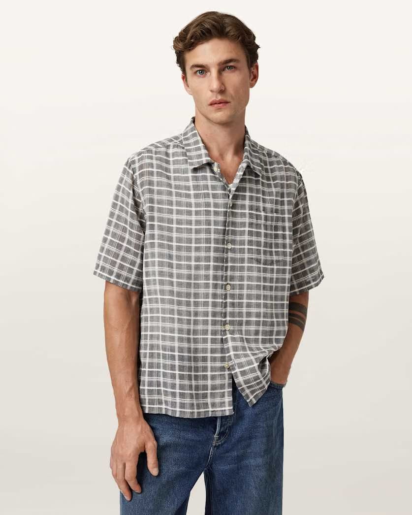 Allsaints Sandy Short Sleeve Check Shirt Ebony Grey