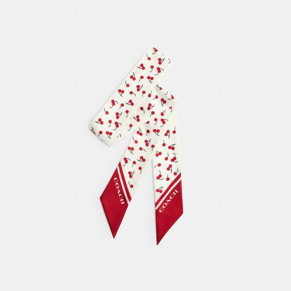 Coach Micro Cherry Print Silk Skinny Scarf Chalk Red