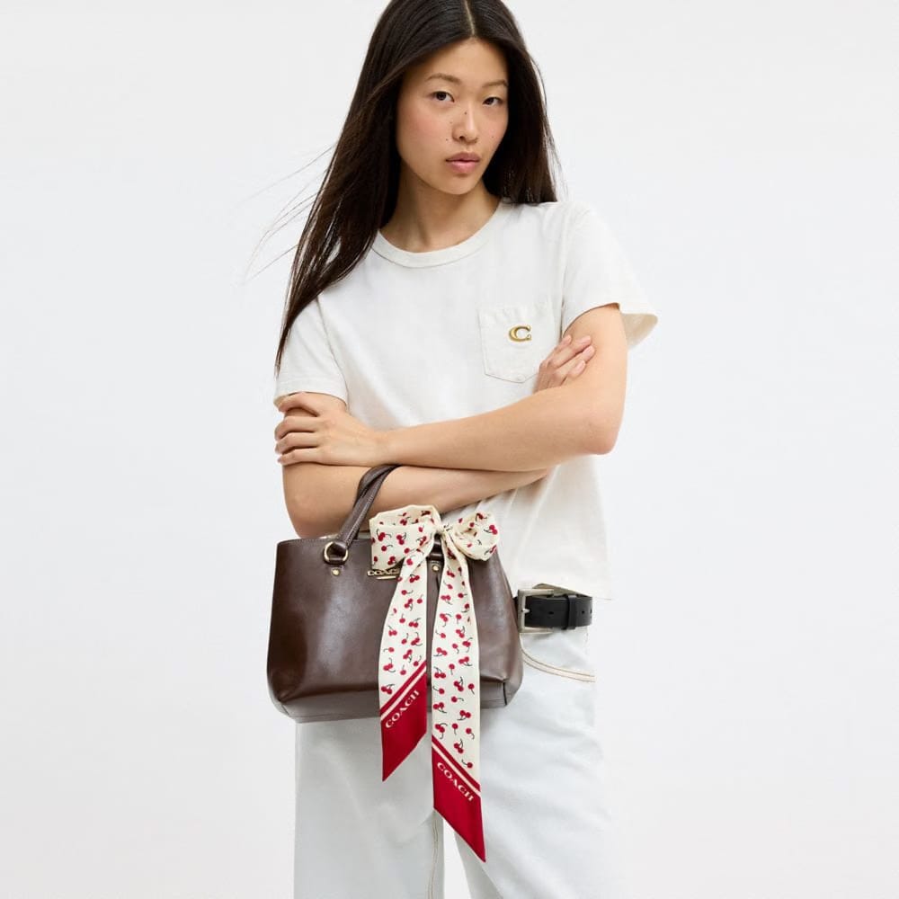 Coach Micro Cherry Print Silk Skinny Scarf Chalk Red