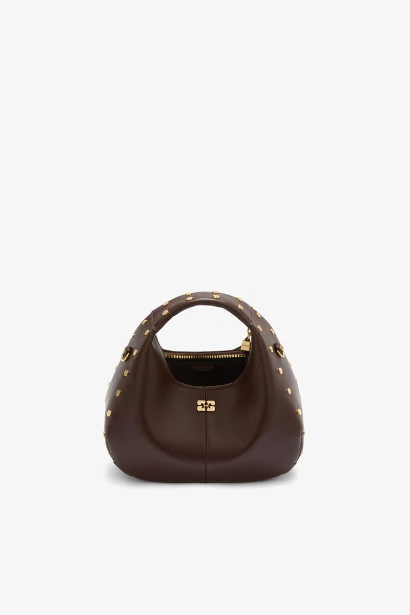 Ganni Chicory Coffee Mini Hobo Bag Studs In Brown
