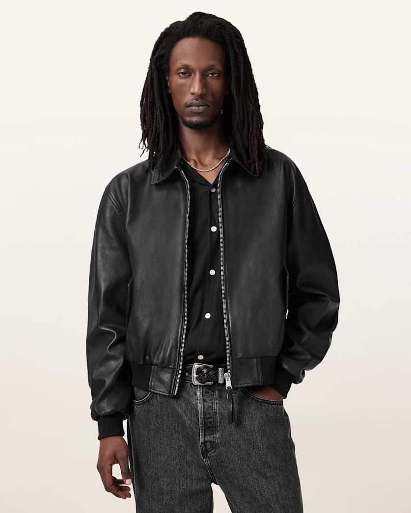 Allsaints Marco Oversized Leather Bomber Jacket Black
